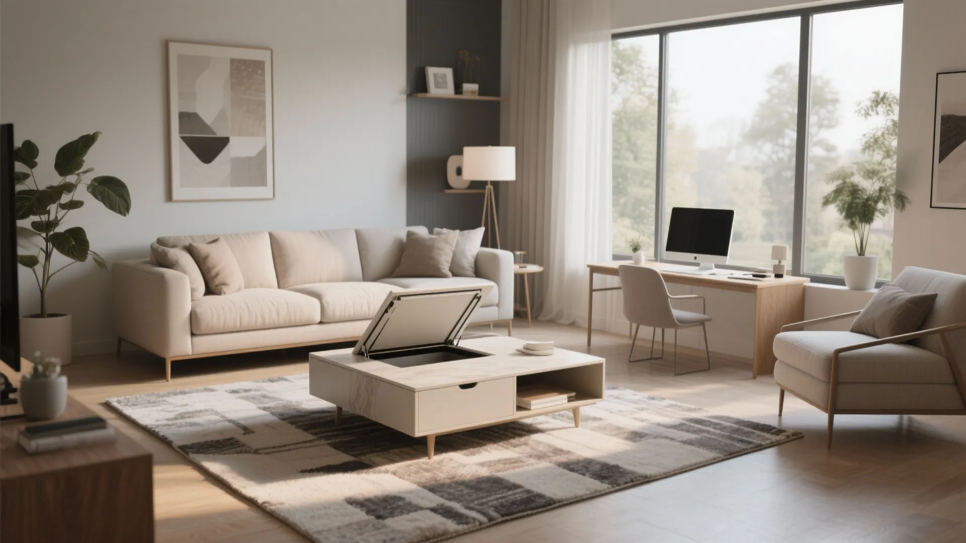 Modern living room featuring a multifunctional coffee table with storage and a home office desk