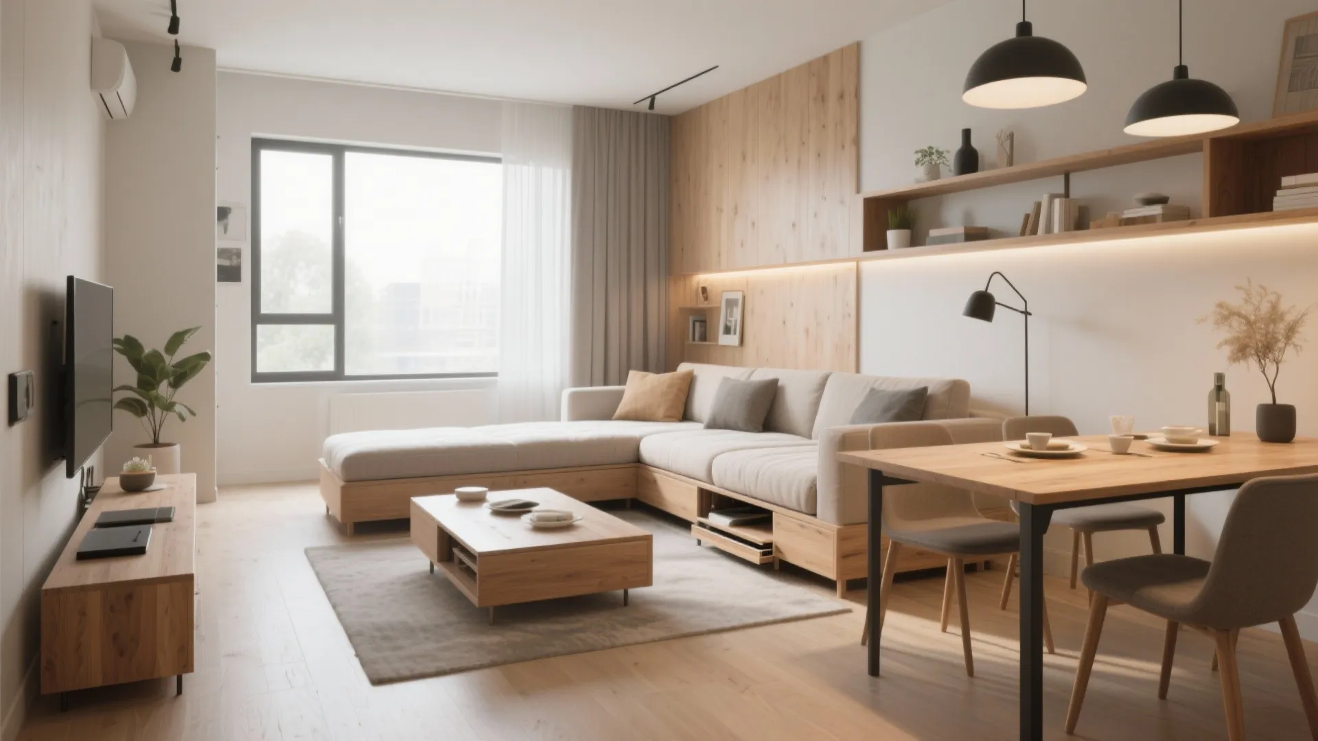 Modern living room with a grey sofa wooden coffee table dining area and black ceiling lights