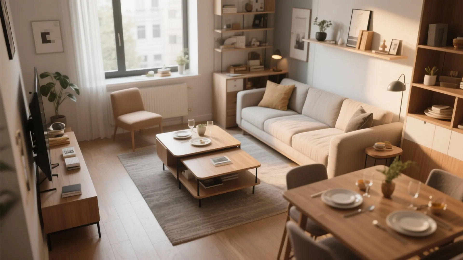Cozy living room layout with beige sofa wooden coffee table dining set and tall shelves