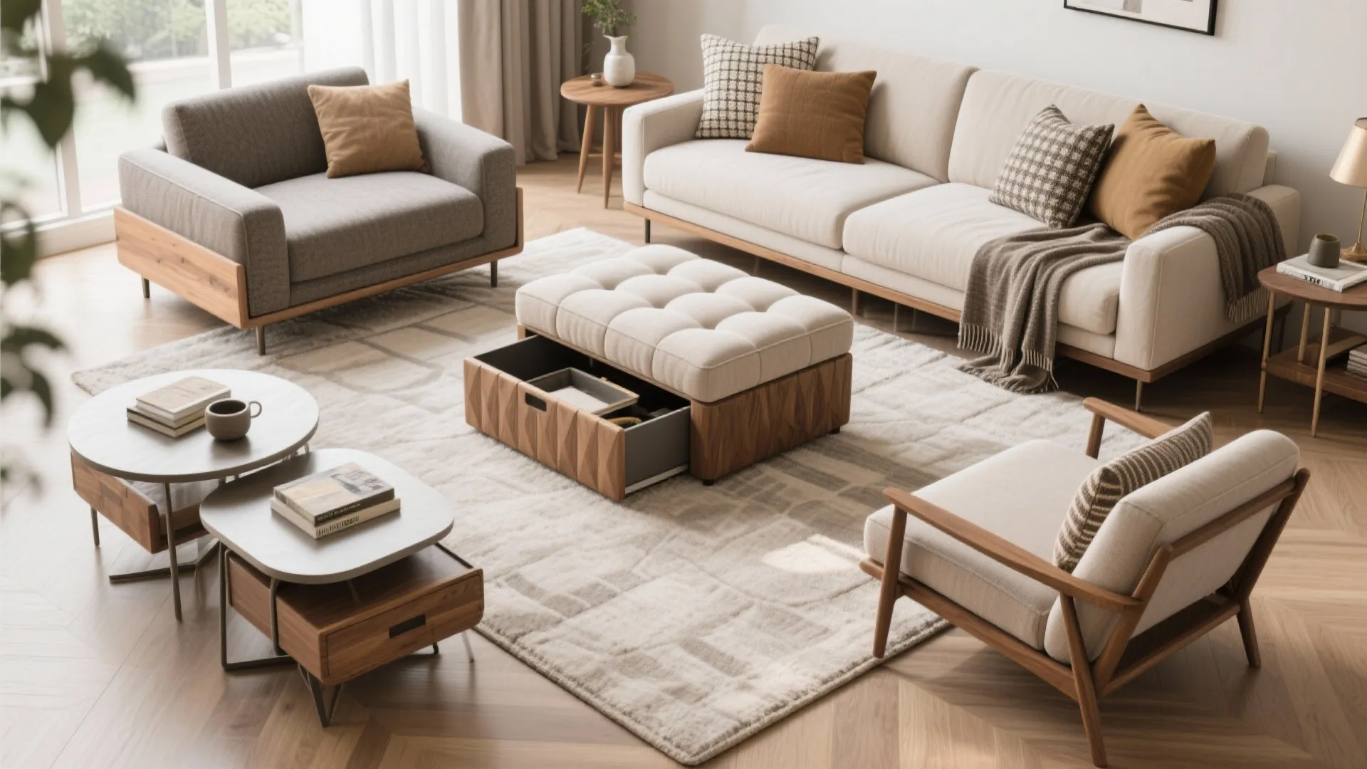 Living room with a wooden footrest showing hidden storage drawer among several modern seating options