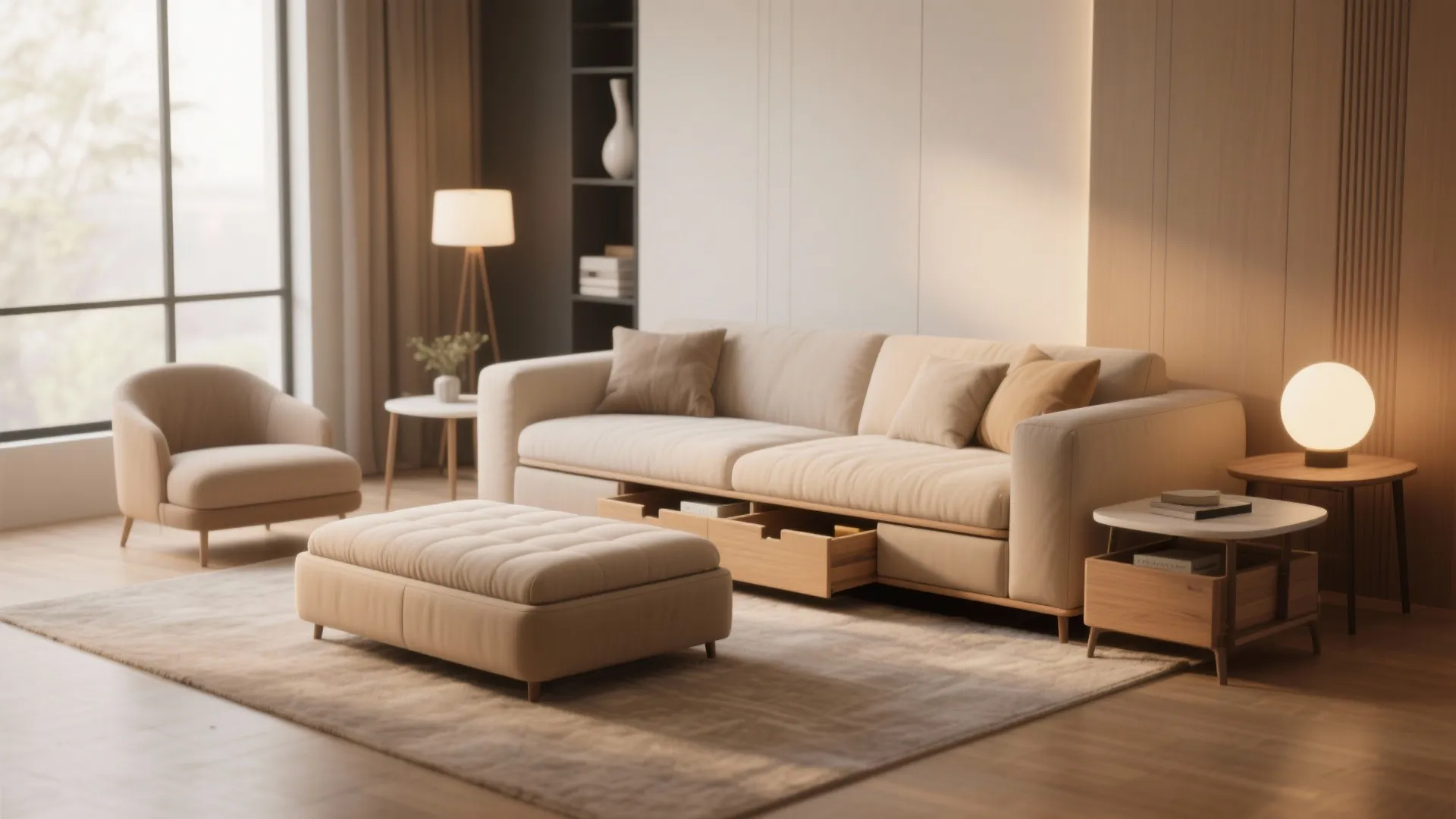 Beige sofa with wooden storage drawers below footrest armchair and round side tables with lamps