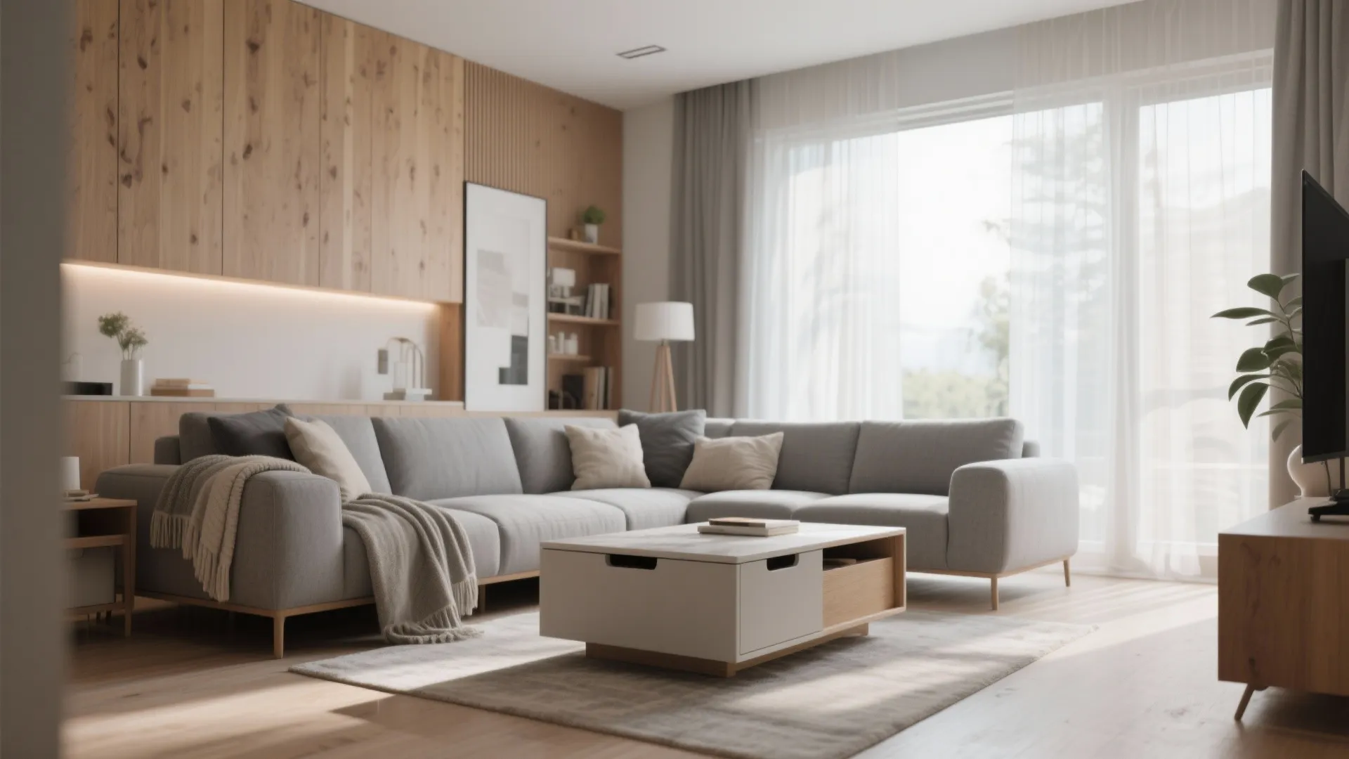 Modern living room featuring grey sofa wooden wall panel coffee table and light through windows