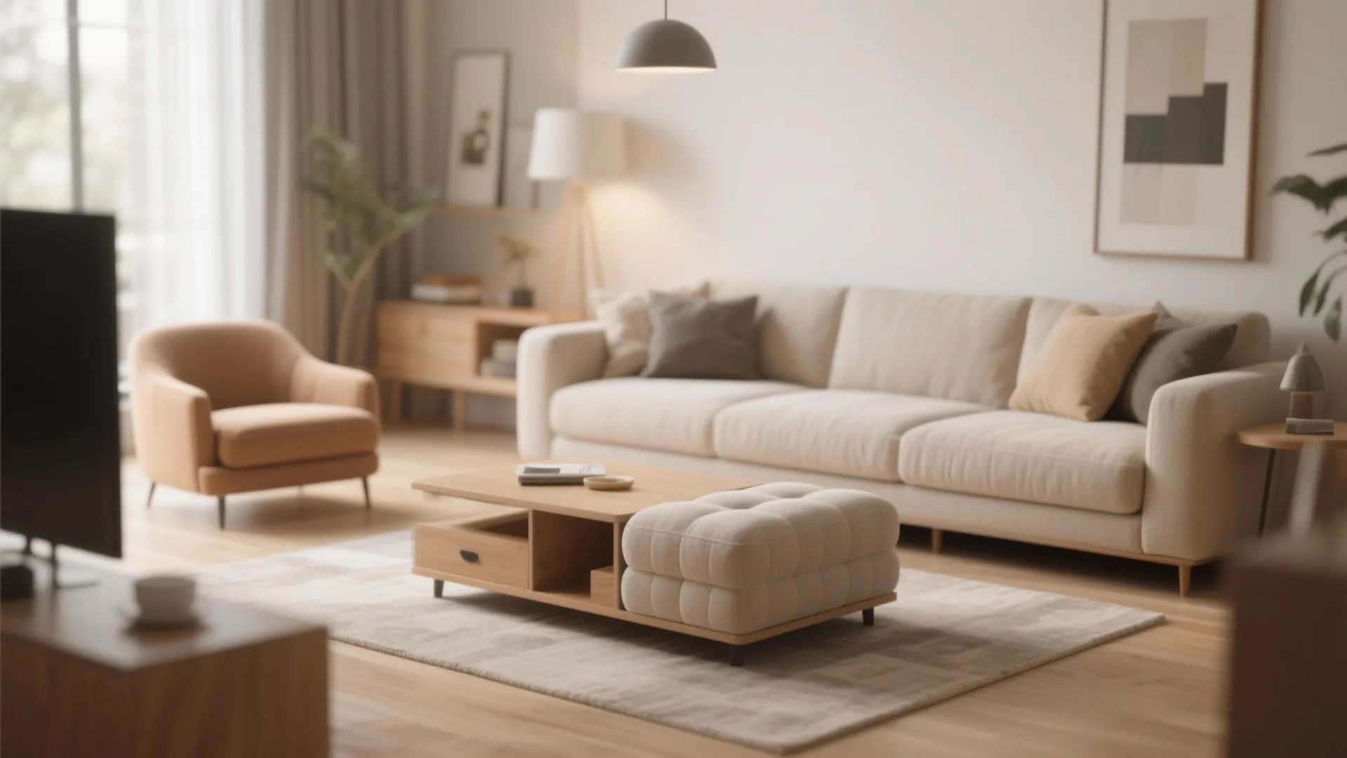 Modern living room showing beige sofa wooden coffee table with footrest armchair and grey light