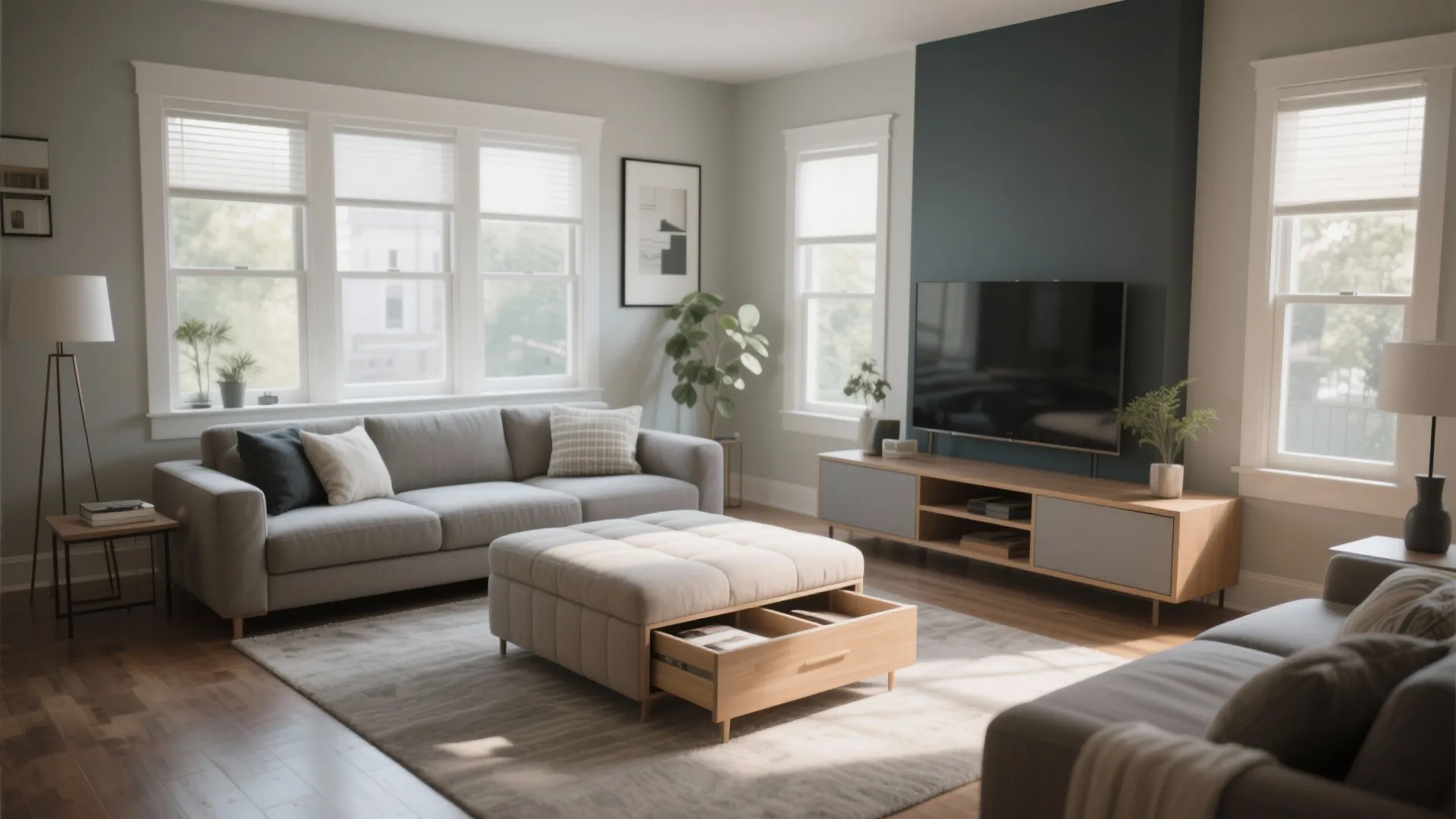 Modern living room featuring a grey sofa wooden footrest with drawer and a television stand