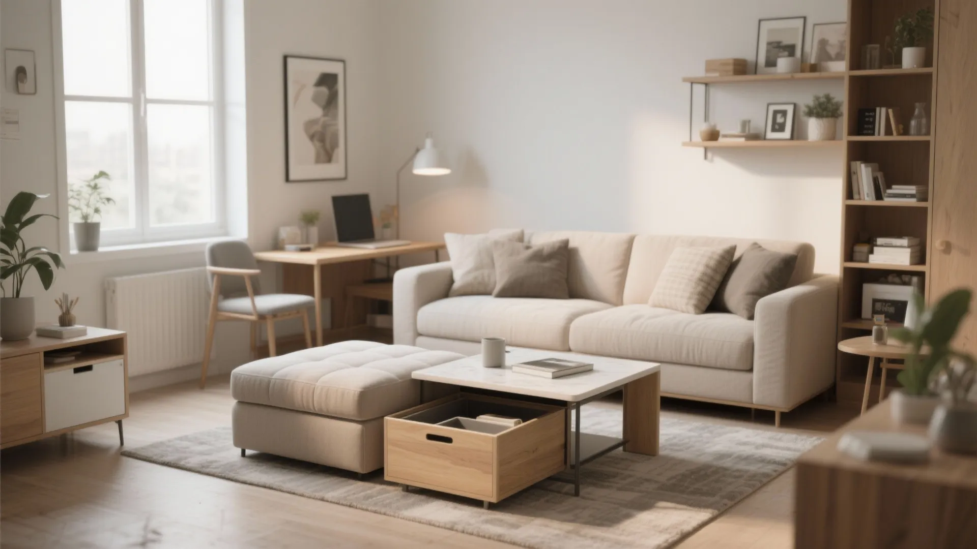 Modern living room with beige sofa white footrest wooden cabinet desk and bright natural light