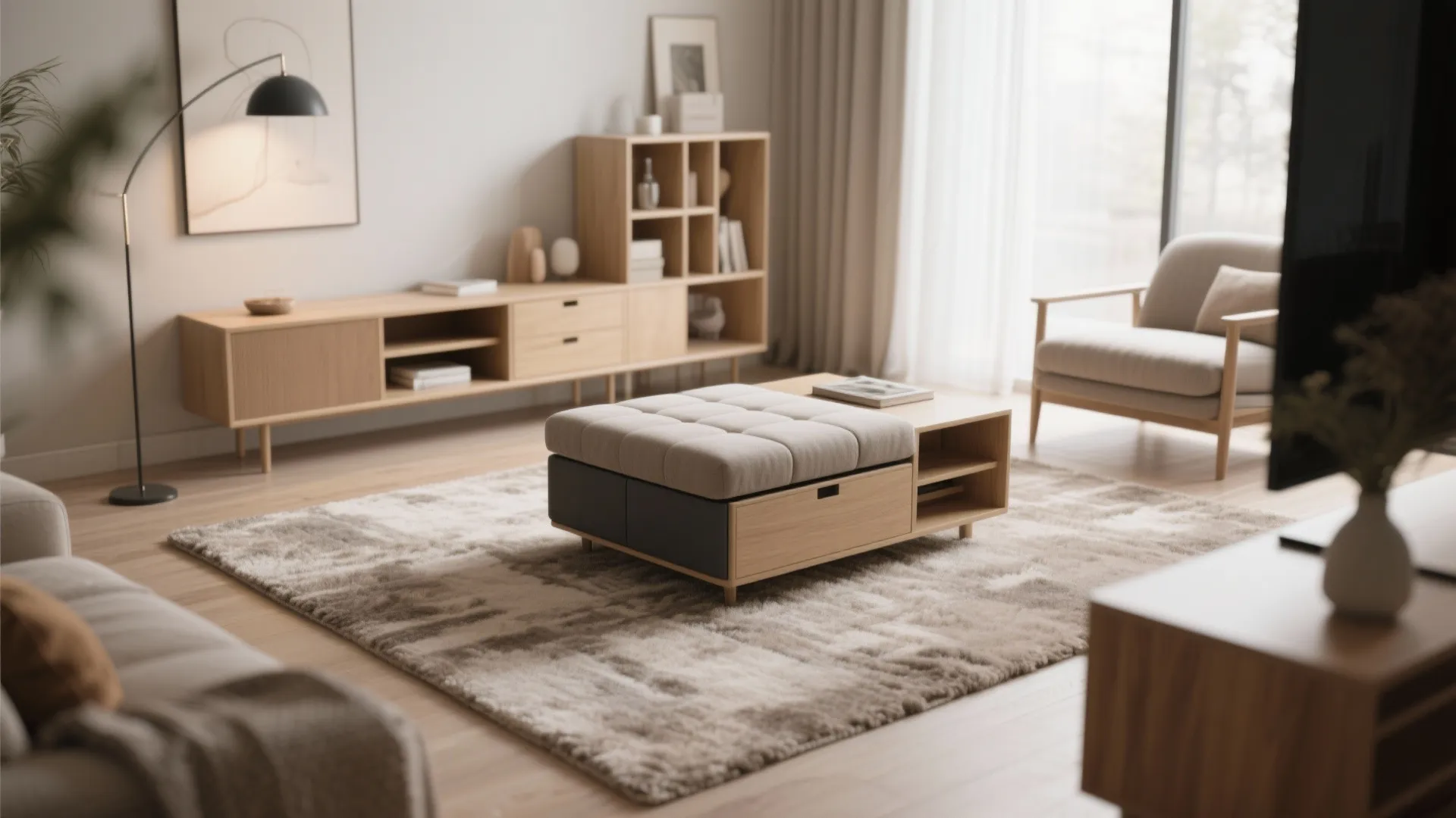 Modern living room with wooden storage unit beige floor rug floor lamp and grey seating chair