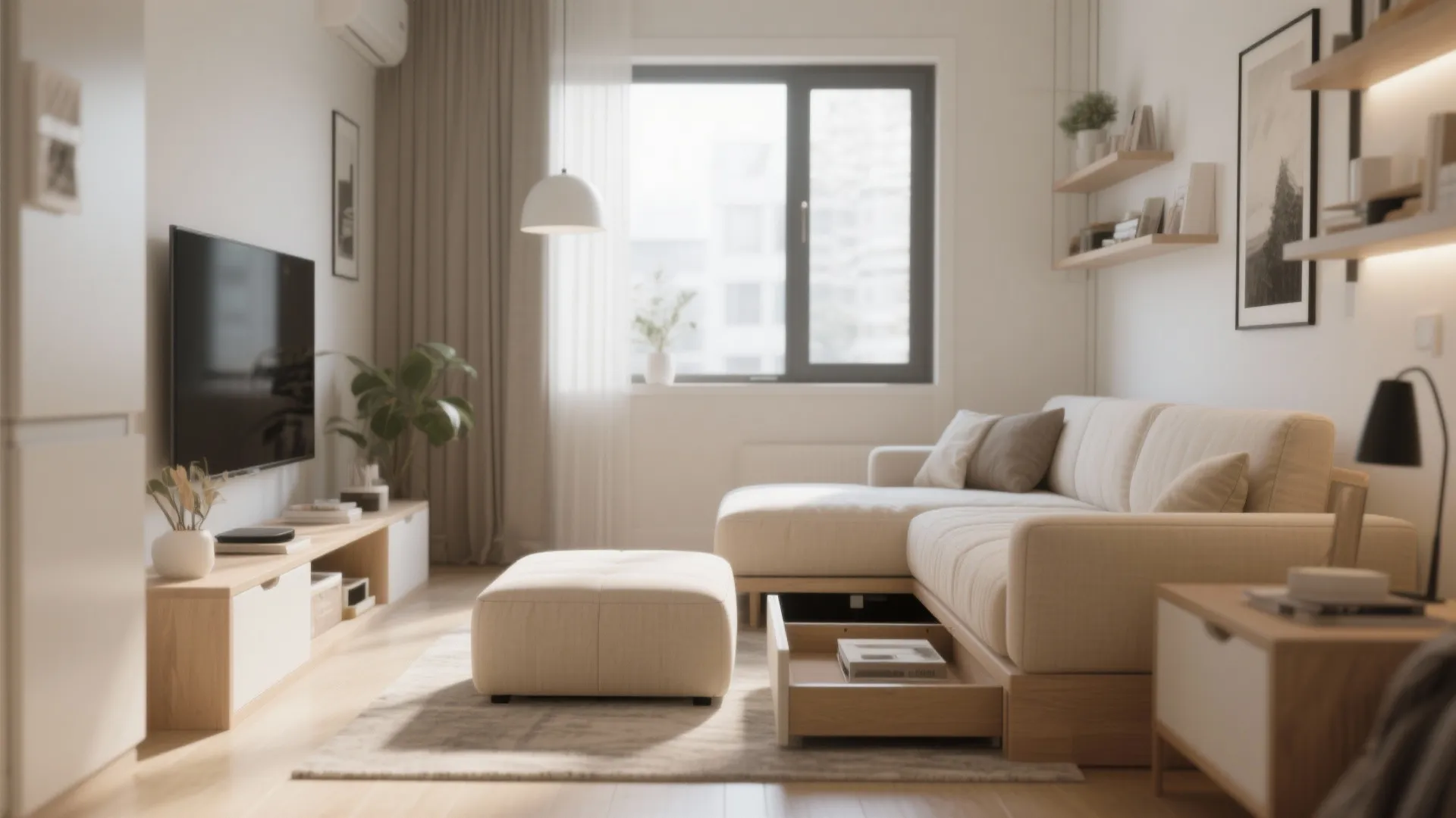 Ottoman with hidden storage in a small beige living room