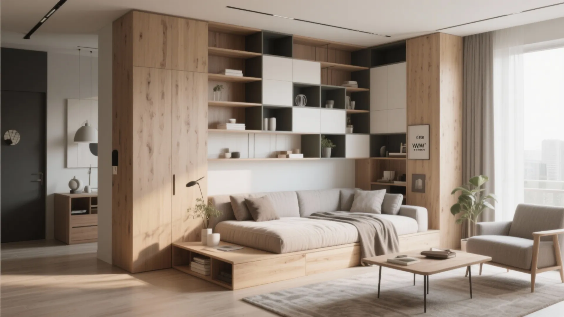 Modern room with a large wooden cabinet unit including a sofa bed and coffee table