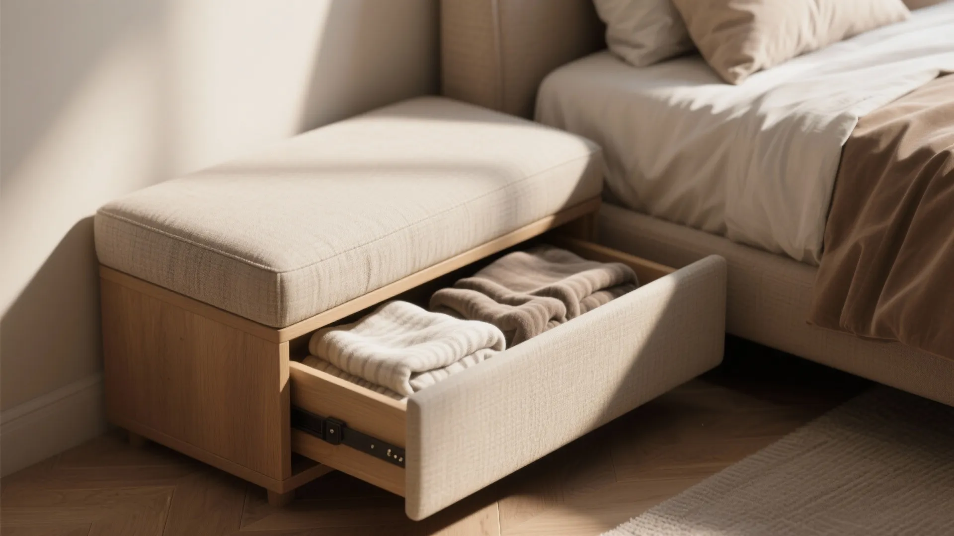 Functional footrest with an open drawer for blanket storage placed next to a modern bed