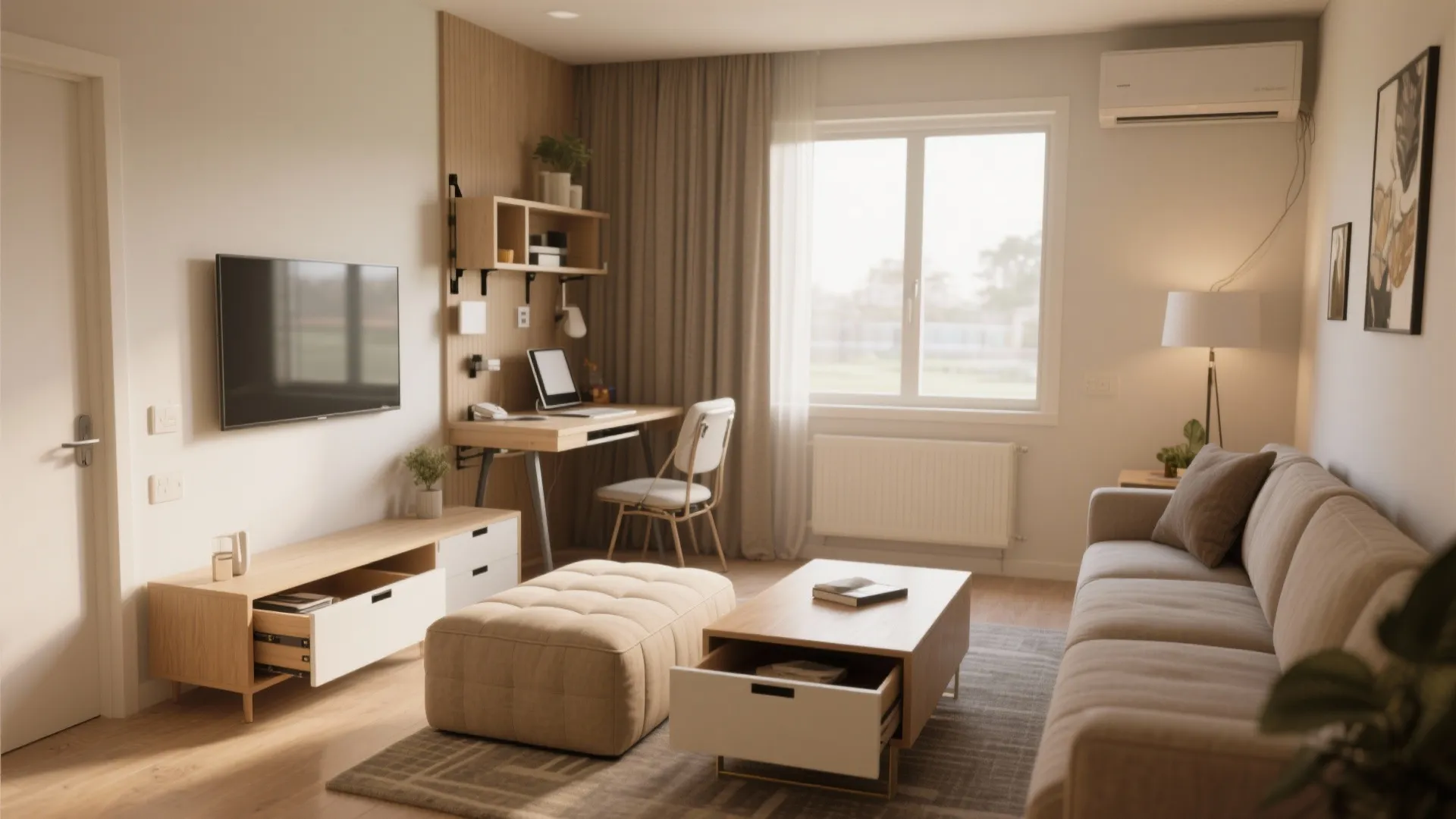 Bright living room featuring wooden desk area television cabinet beige sofa footrest and large window