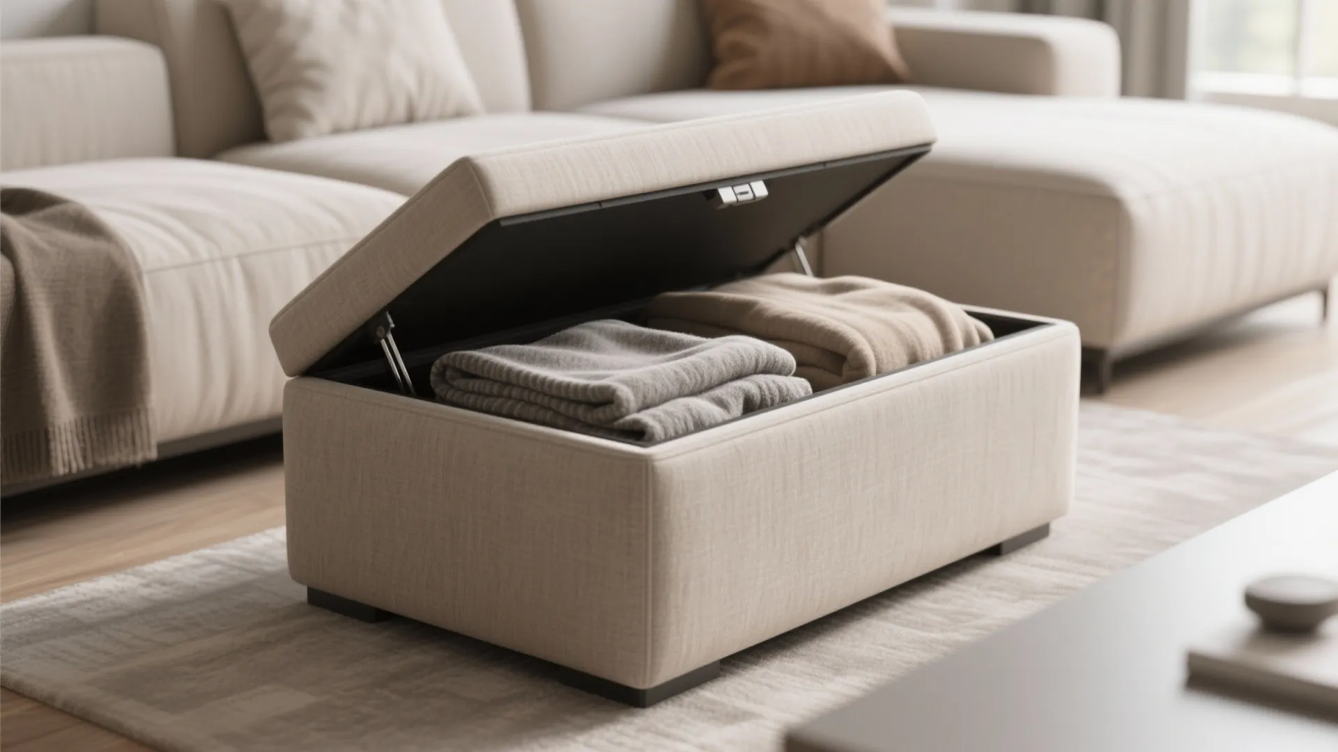 Small beige footrest with open storage lid showing folded grey blankets inside a bright room