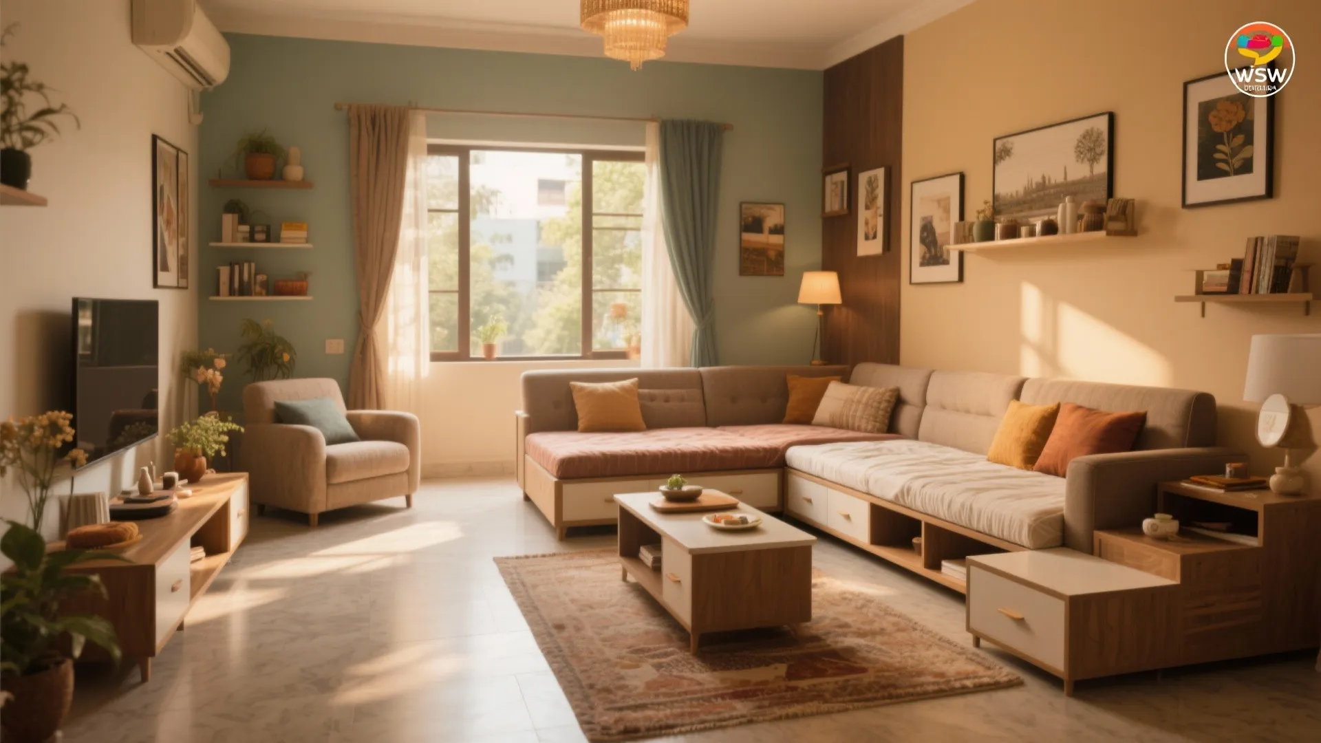 Modern living room with sectional sofa storage coffee table wall shelves television and soft natural lighting