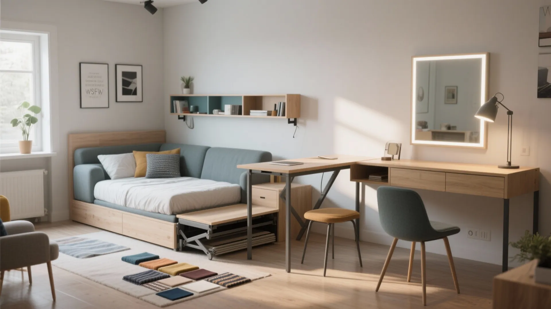 Small room featuring a sofa bed, wooden desk with mirror, chair, wall shelves, and sunlight