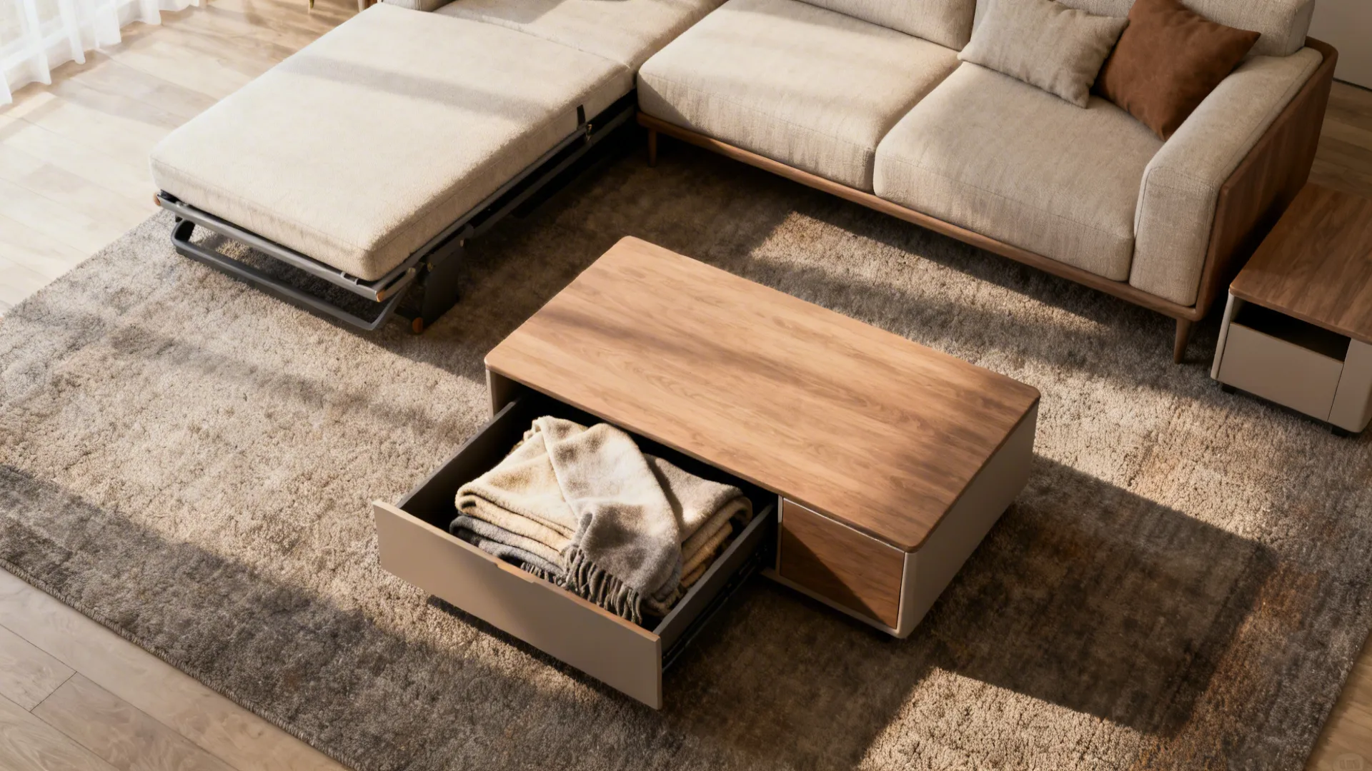 Wooden coffee table with an open drawer holding a folded blanket near a beige sofa