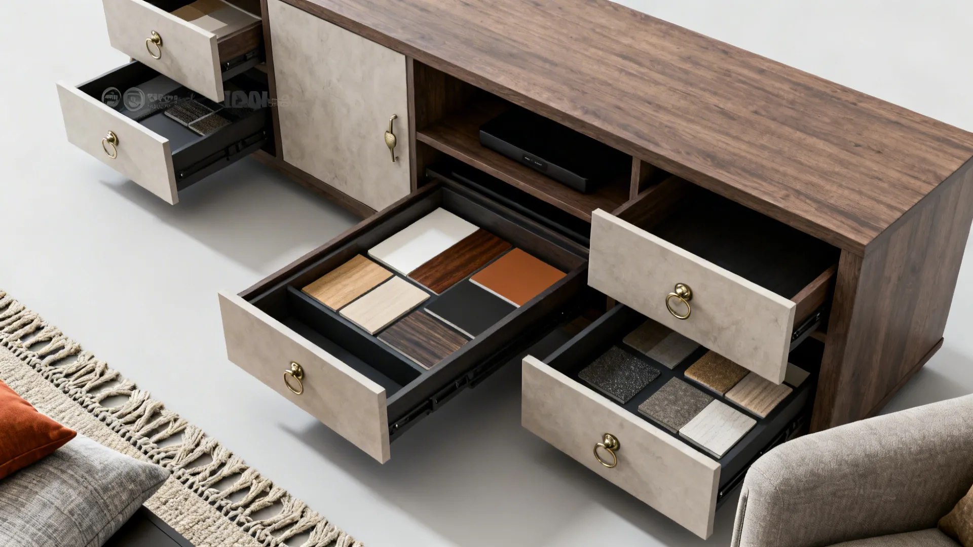 Flatlay of lift-top coffee table, media console details and fabric swatches.