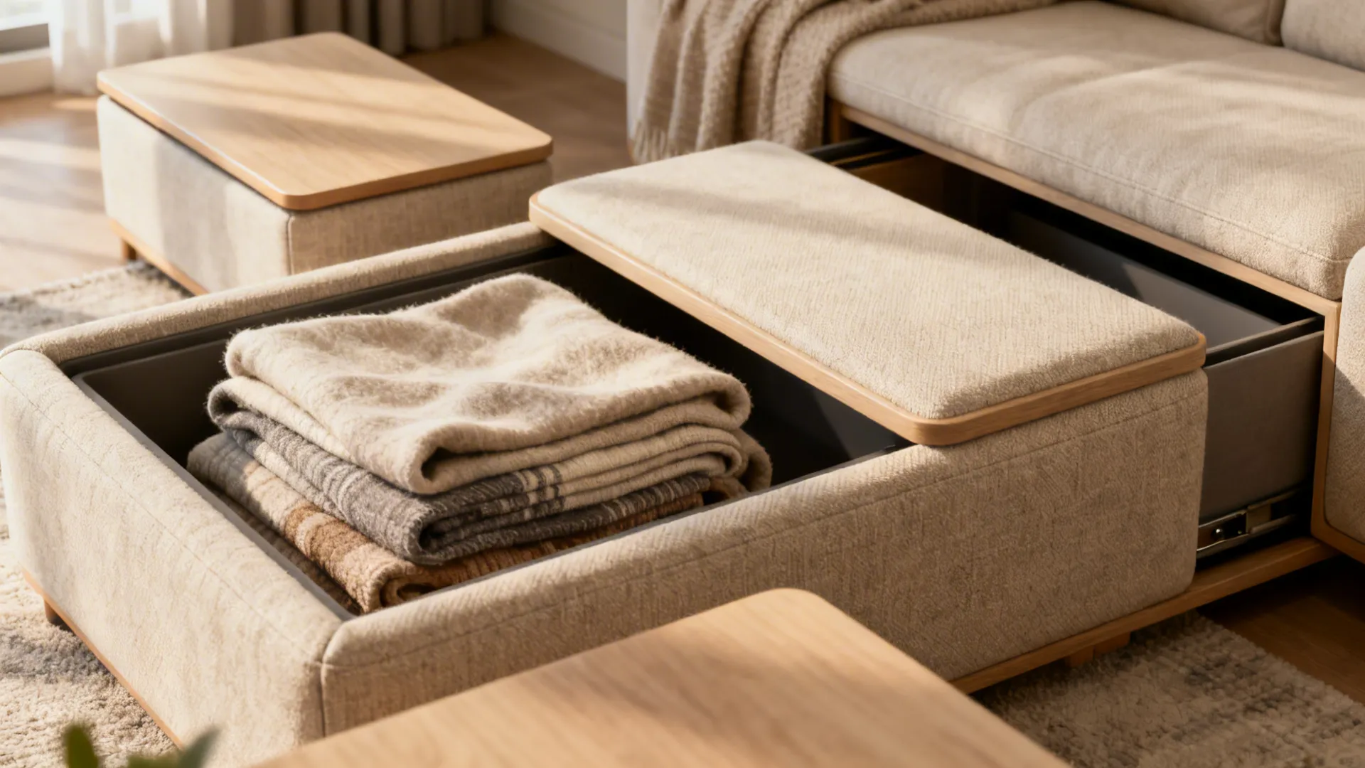 Storage ottoman and nesting tables used as multipurpose furniture in a compact living room.