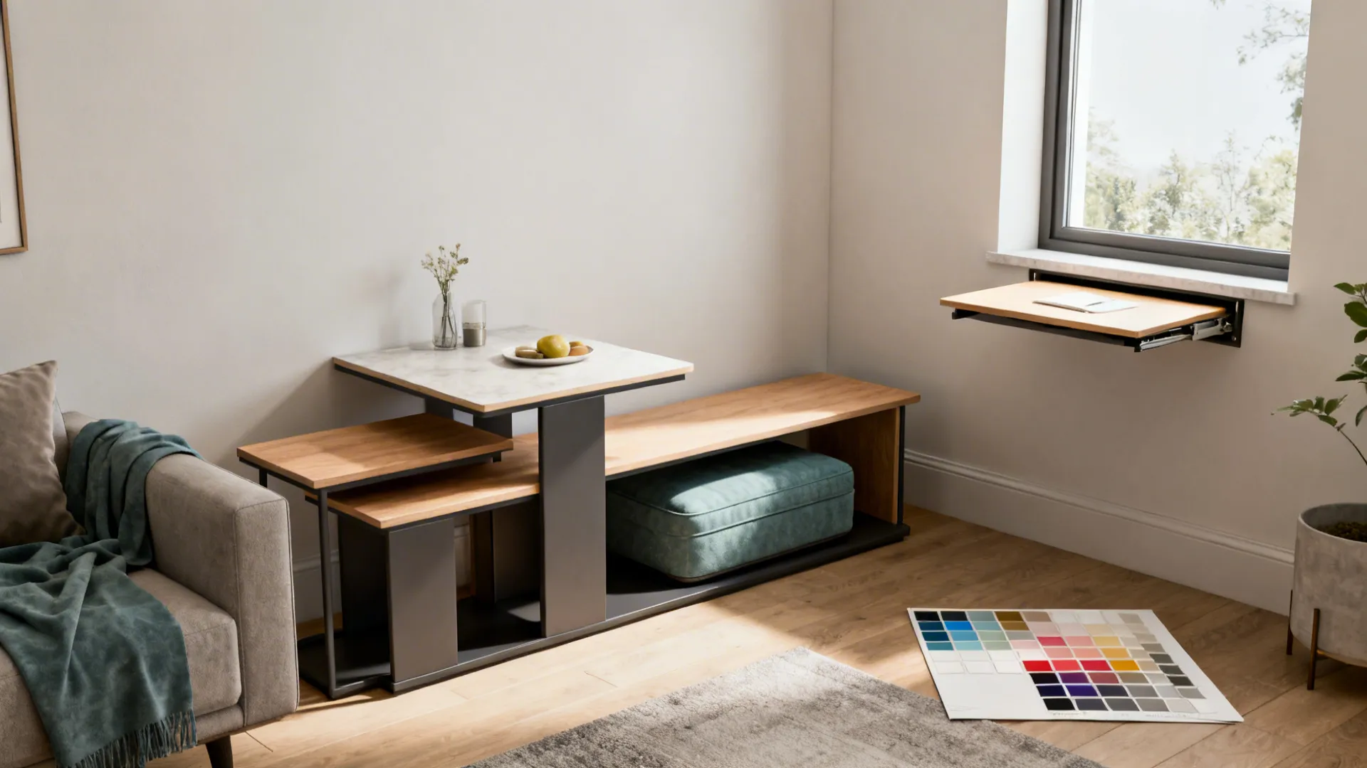 Multipurpose pieces like nesting tables, convertible console, and ottomans arranged for a flexible small living room.