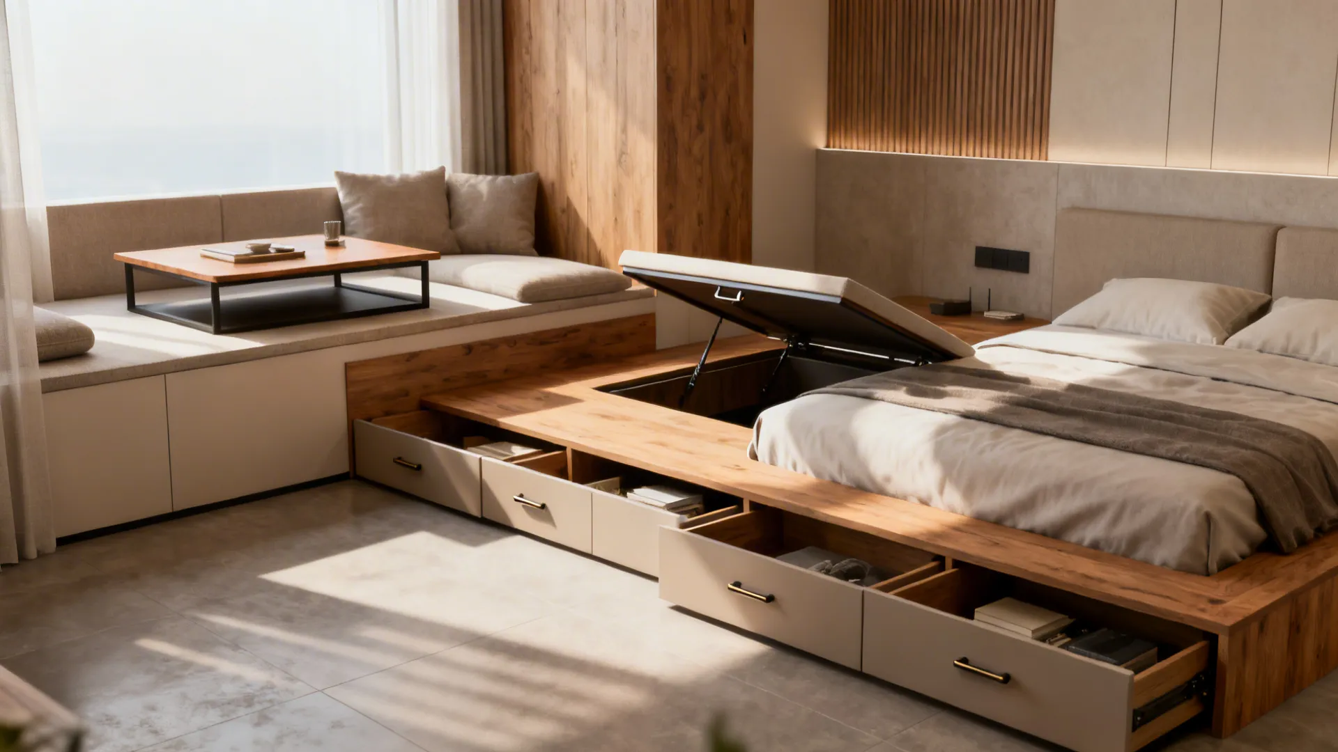Bedroom showing a platform bed with deep drawers and a lift-top coffee table.