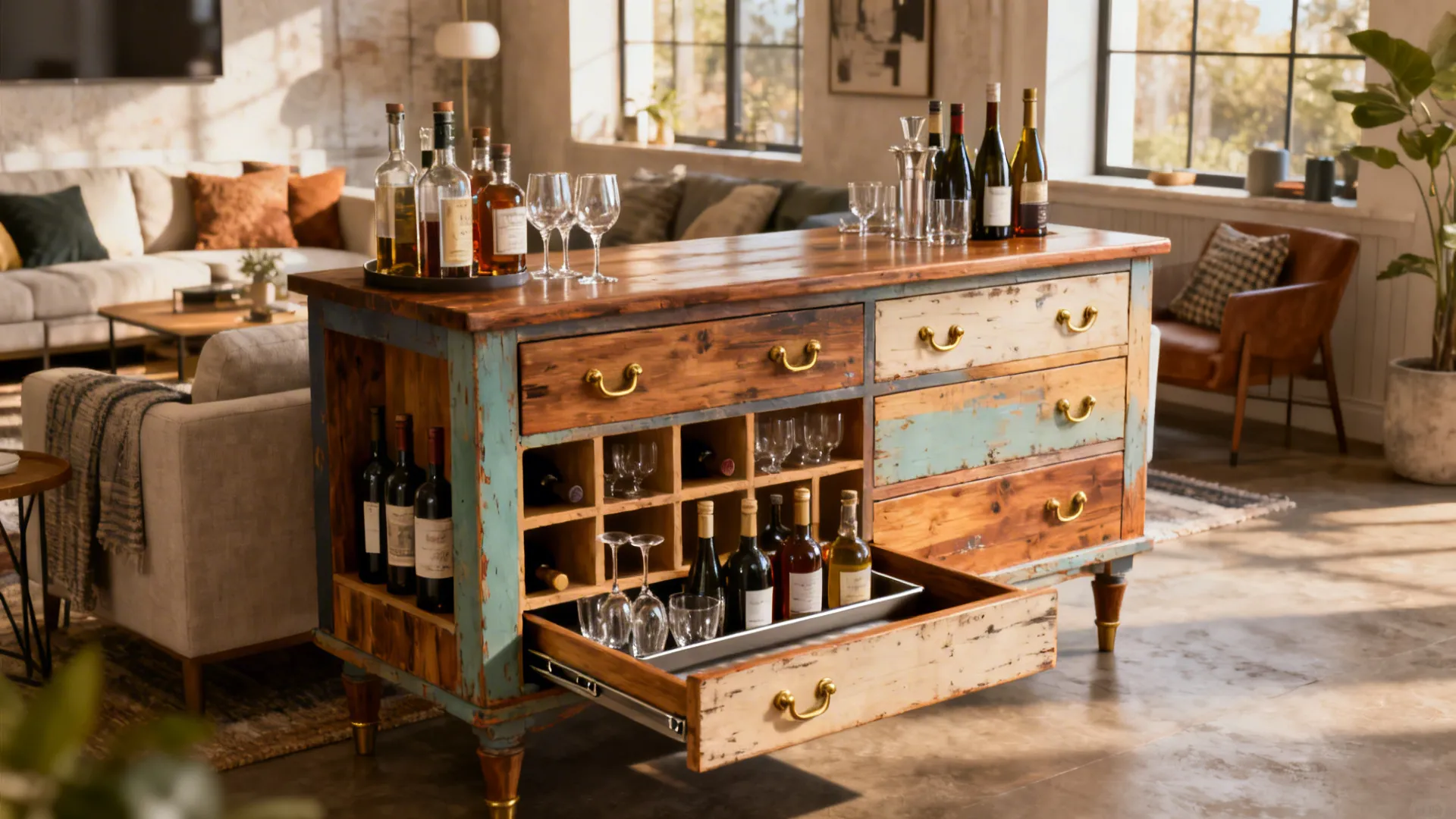 Refurbished dresser converted into a bar with built-in bottle cubbies and a sliding tray in a living room.