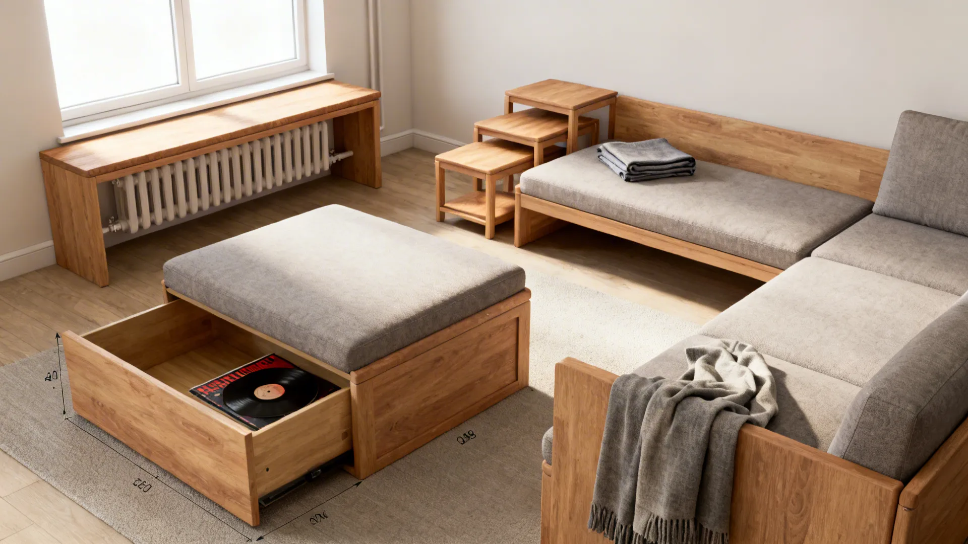 Small living room showing multipurpose furniture: storage ottoman, slim converter sofa, and a storage bench under the window.