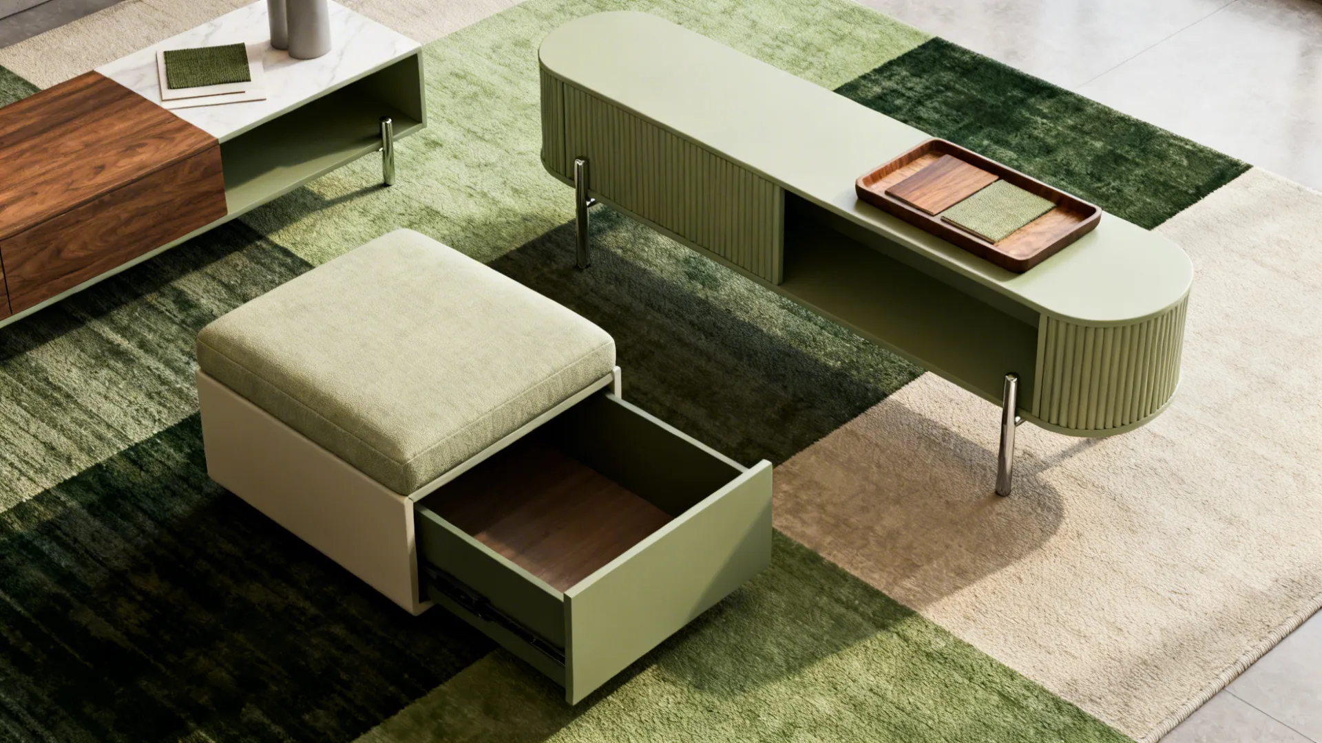 Flatlay of a multifunctional ottoman, fabric swatches and wood samples for a small living room.