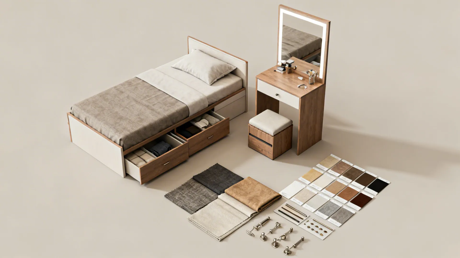 Flatlay of multipurpose storage furniture elements and material swatches for a small dressing room