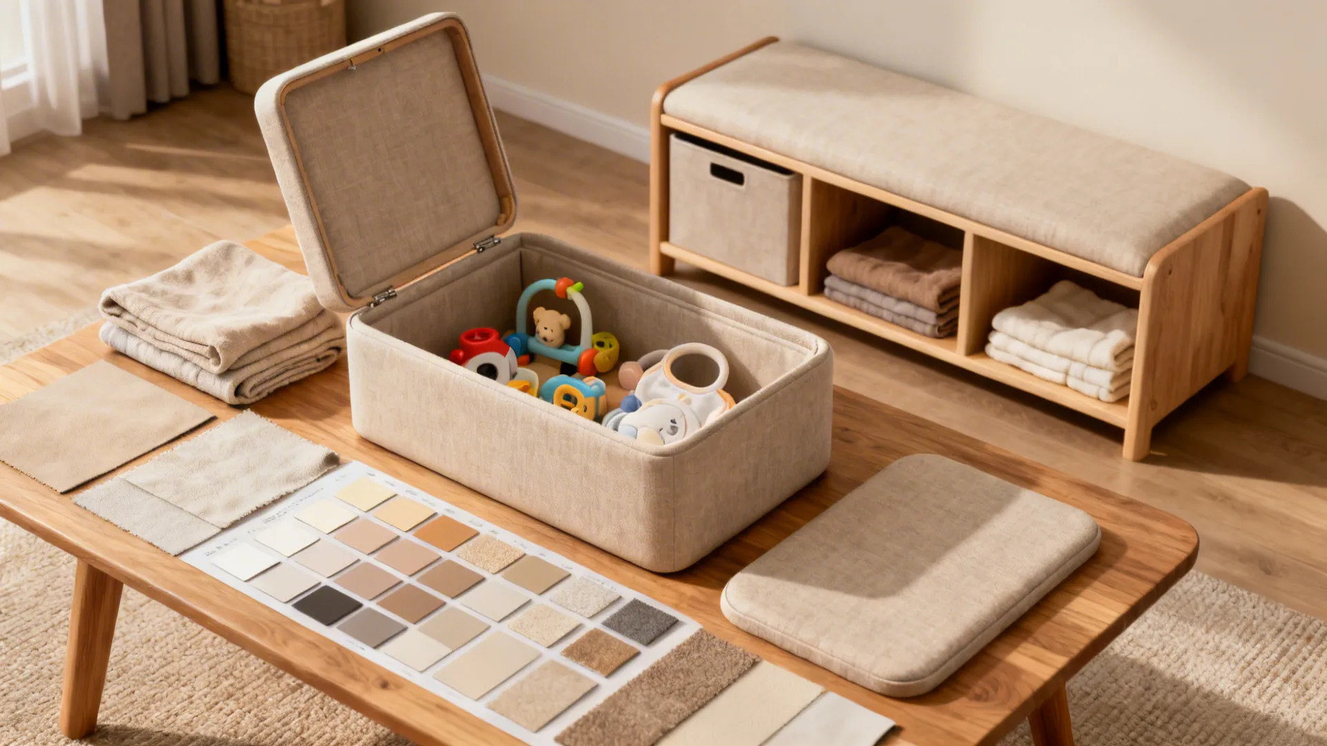 Flatlay of multipurpose furniture pieces like storage ottoman and bench with material samples.