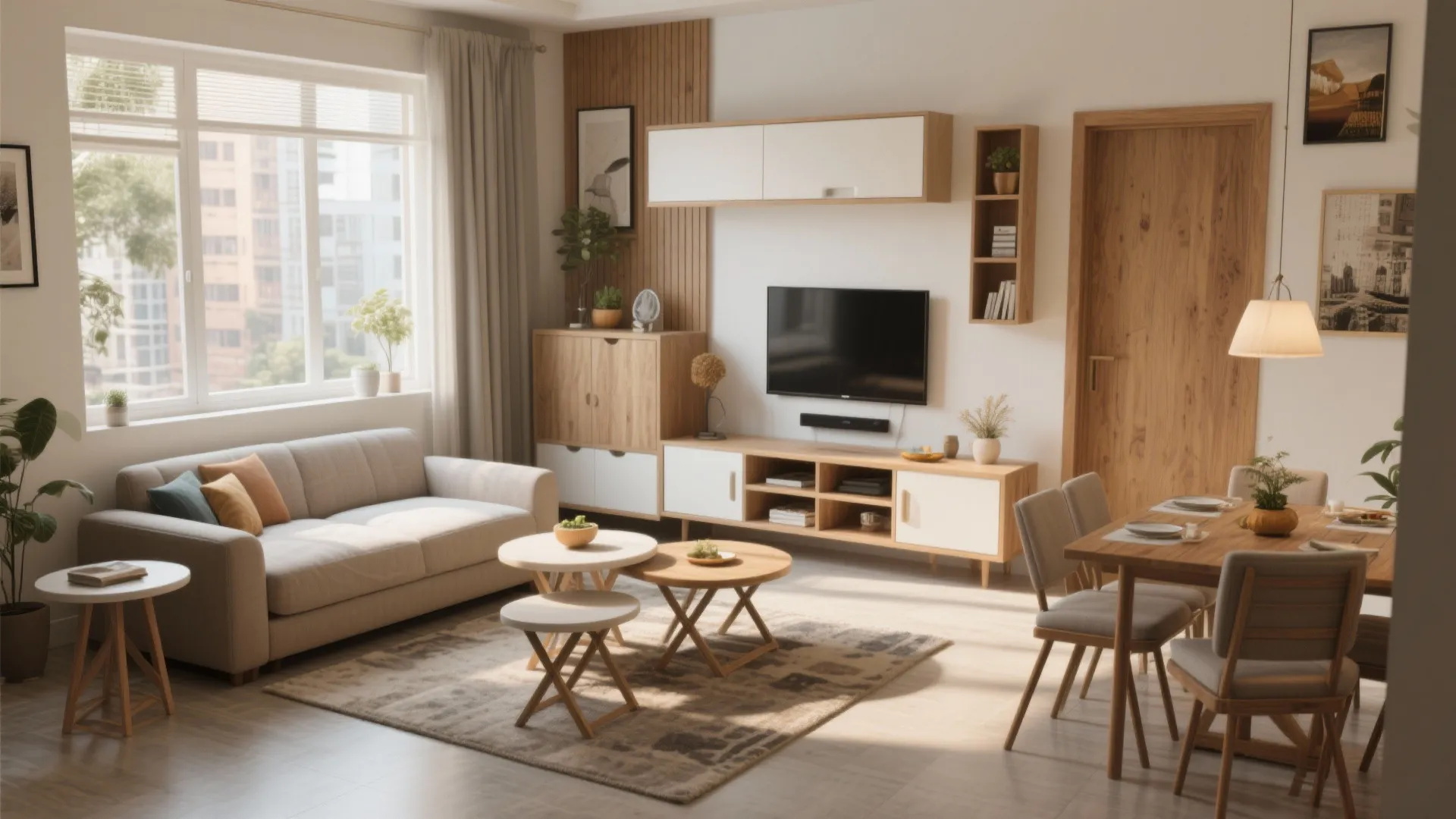 Open plan living and dining area with grey sofa wooden cabinet TV stand and dining table