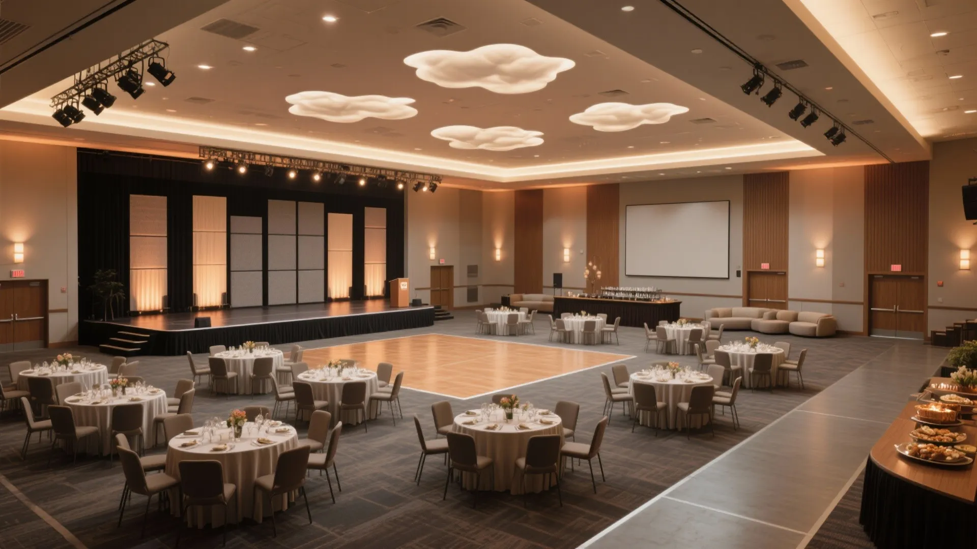 Banquet hall featuring round tables, wooden dance floor, stage, and cloud shaped white ceiling lights