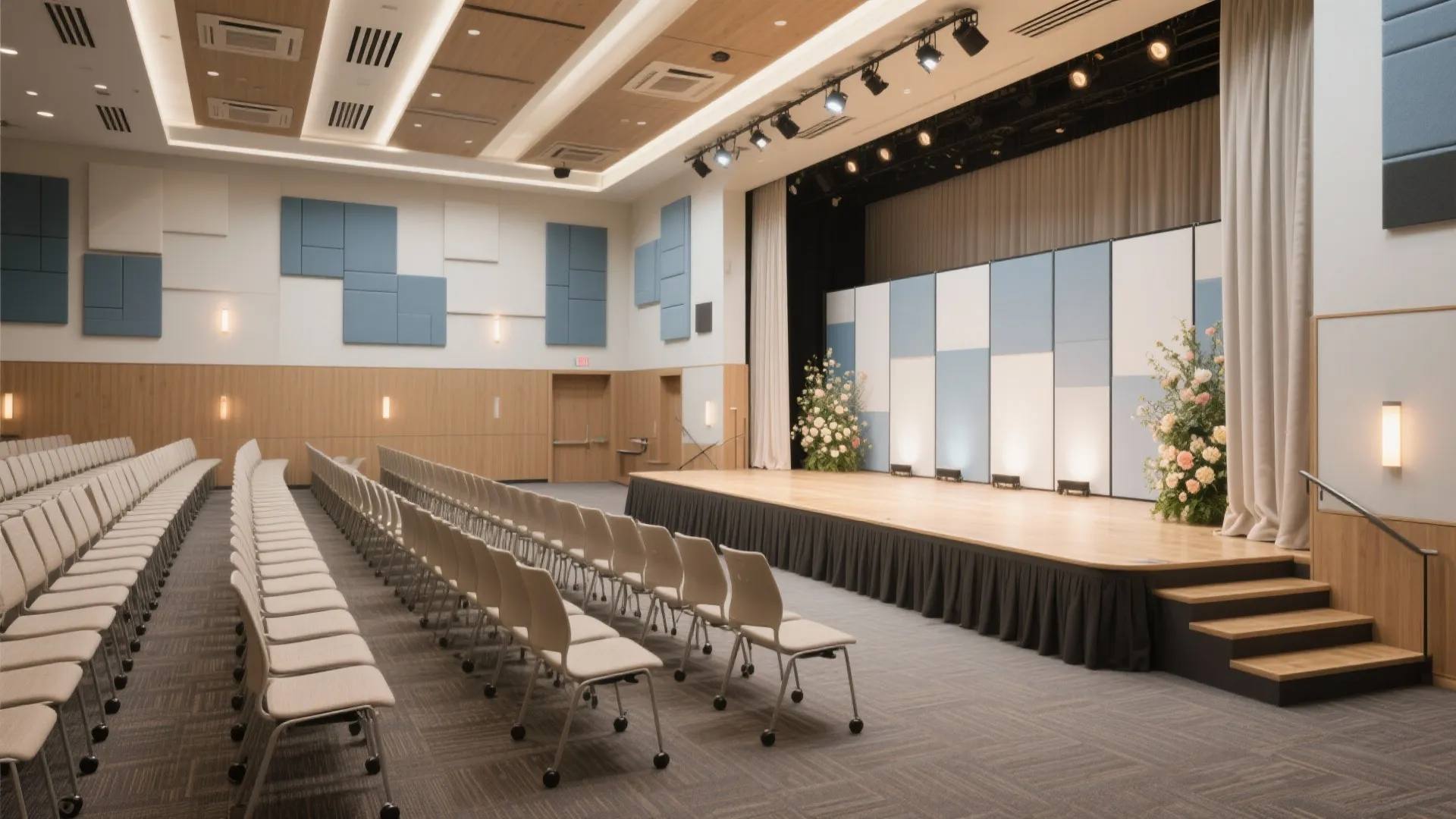 Modern multipurpose hall with rows of grey chairs wooden stage wall lights and blue wall panels