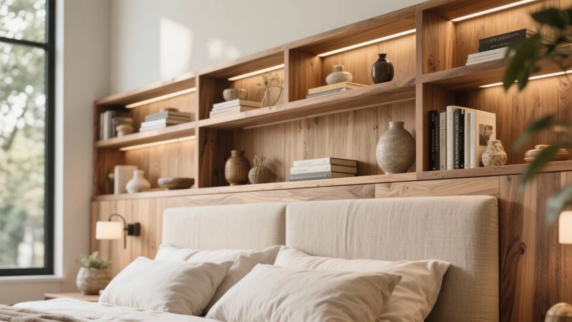 Modern wooden headboard with built-in shelves containing books and vases above a cozy white bed