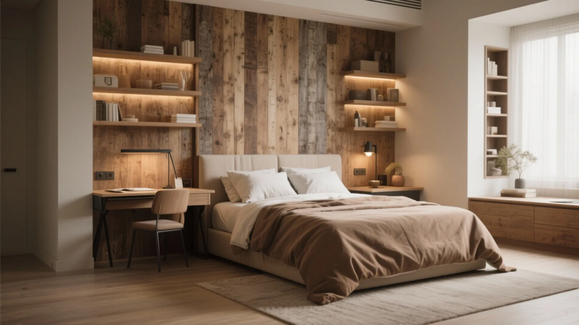 Bedroom with wooden wall panel shelves desk chair brown blanket window seat and warm indoor lighting