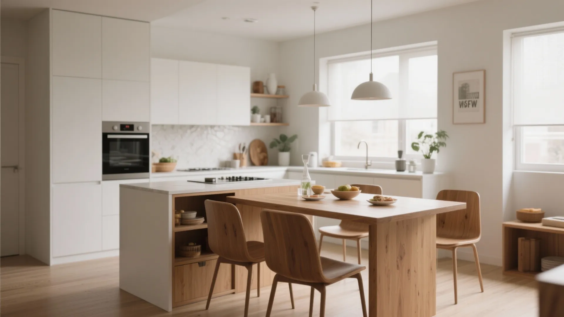 Minimalist white kitchen with wooden island attached to dining table, matching chairs, and ceiling lights