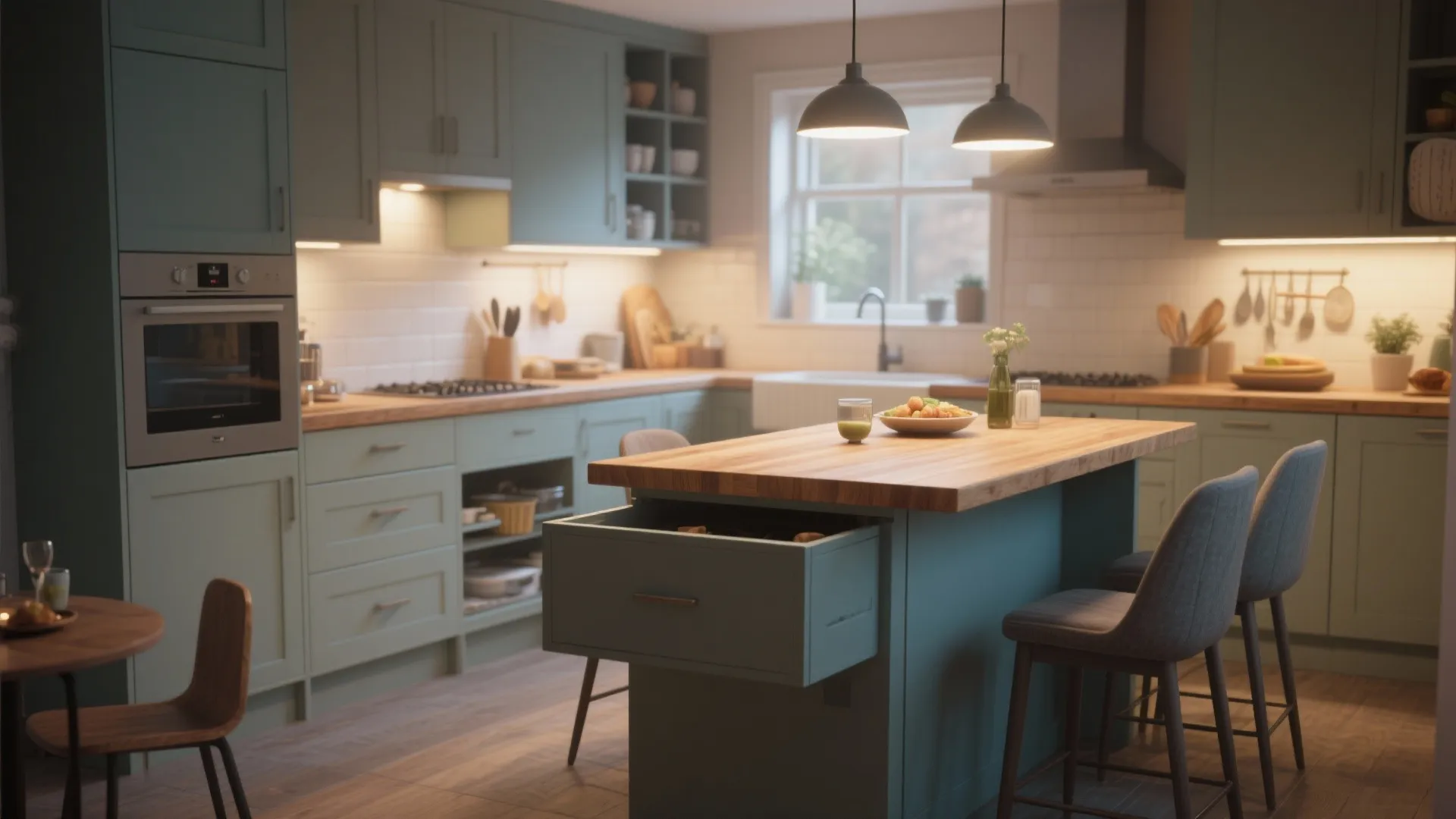 Modern green kitchen with wooden island breakfast bar grey chairs ceiling light and wood floor