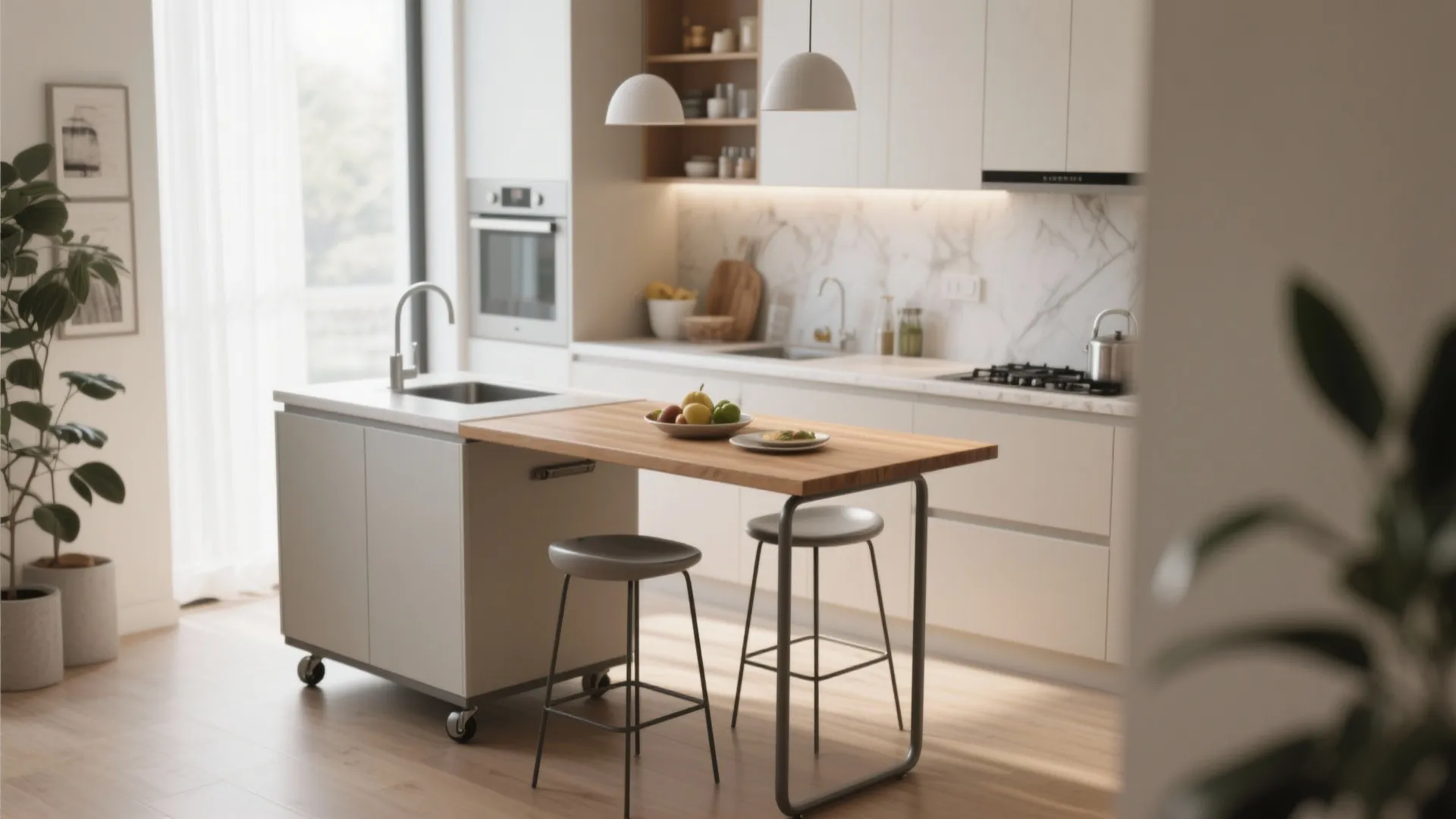 Minimalist white kitchen with portable island wood breakfast bar two stools and marble wall tiles