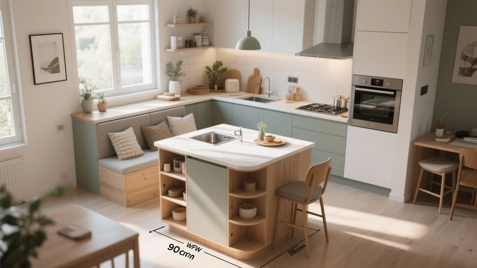 Compact kitchen island with storage, seating, and prep sink
