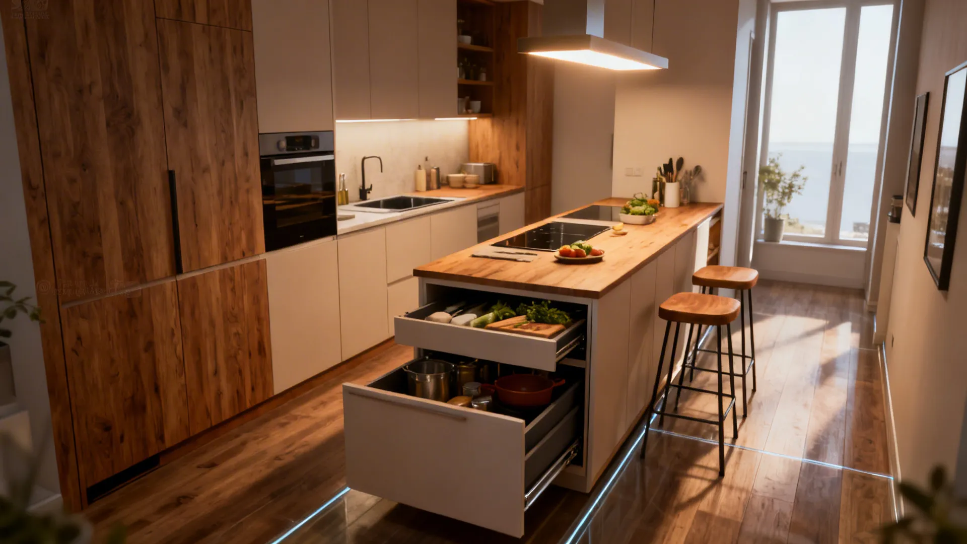 Narrow multipurpose island with storage and tucked seating in a small kitchen