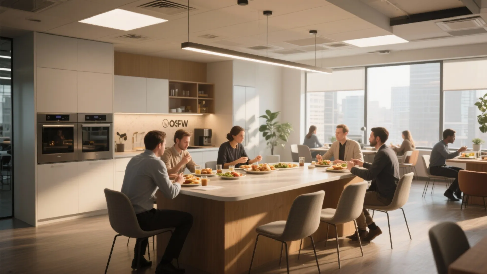 Modern office kitchen with people eating at a long wooden table under bright ceiling lights