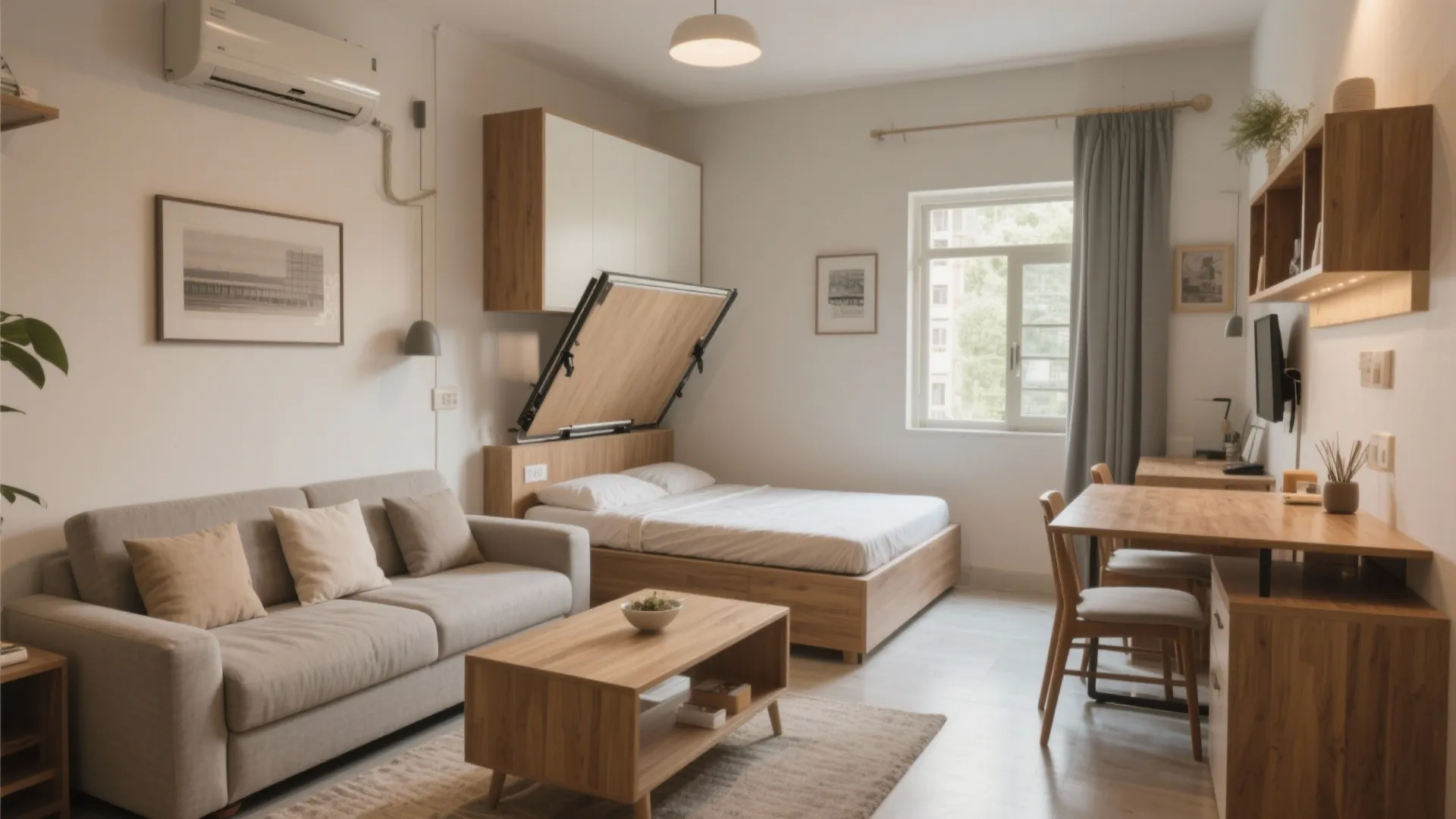 4) Multipurpose Furniture: Sofa-Cum-Bed, Drop-Leaf Dining, Murphy Desk