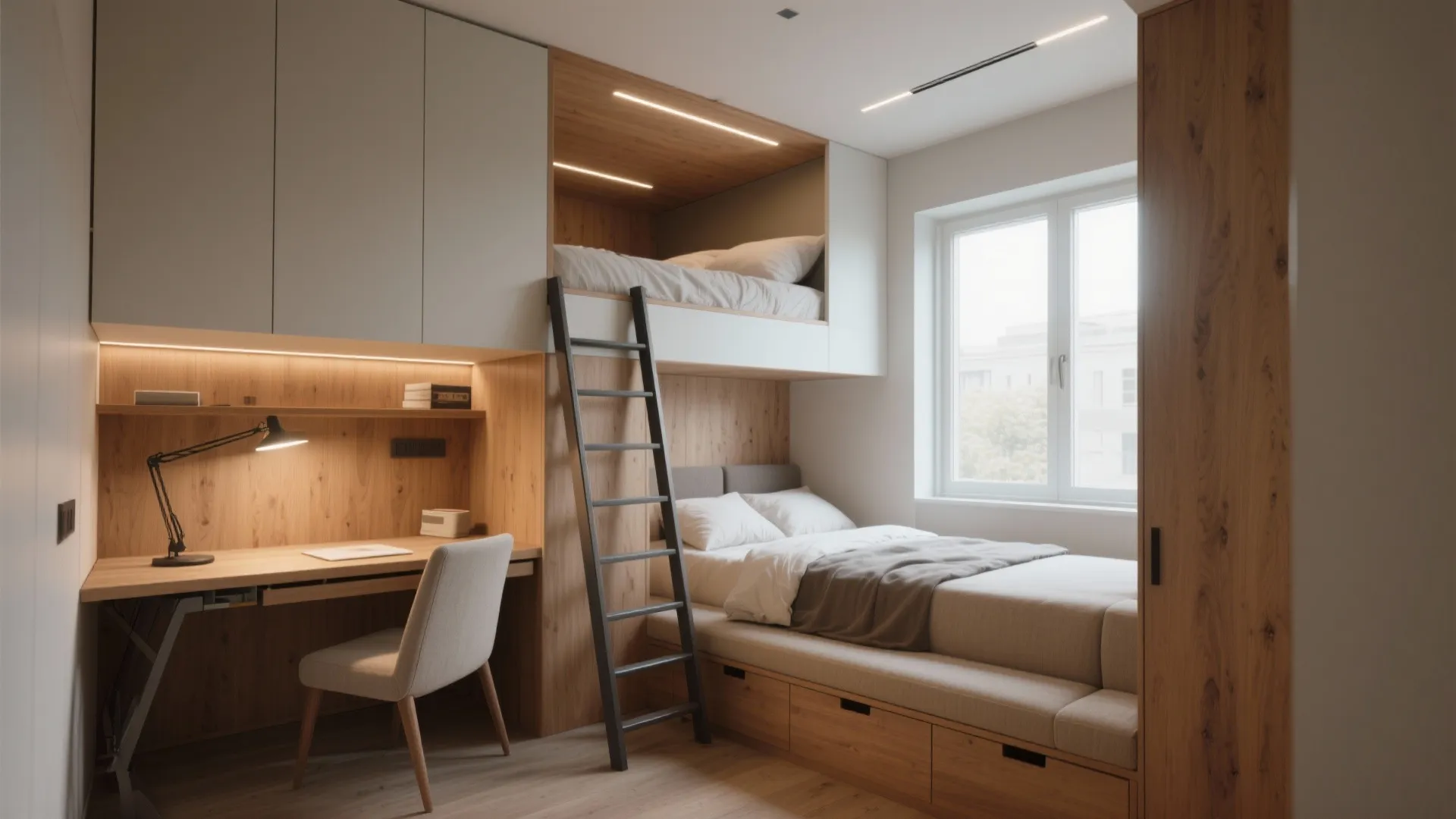 Compact bedroom with a small loft bed, fold-down desk, and storage bench maximizing usable floor area.