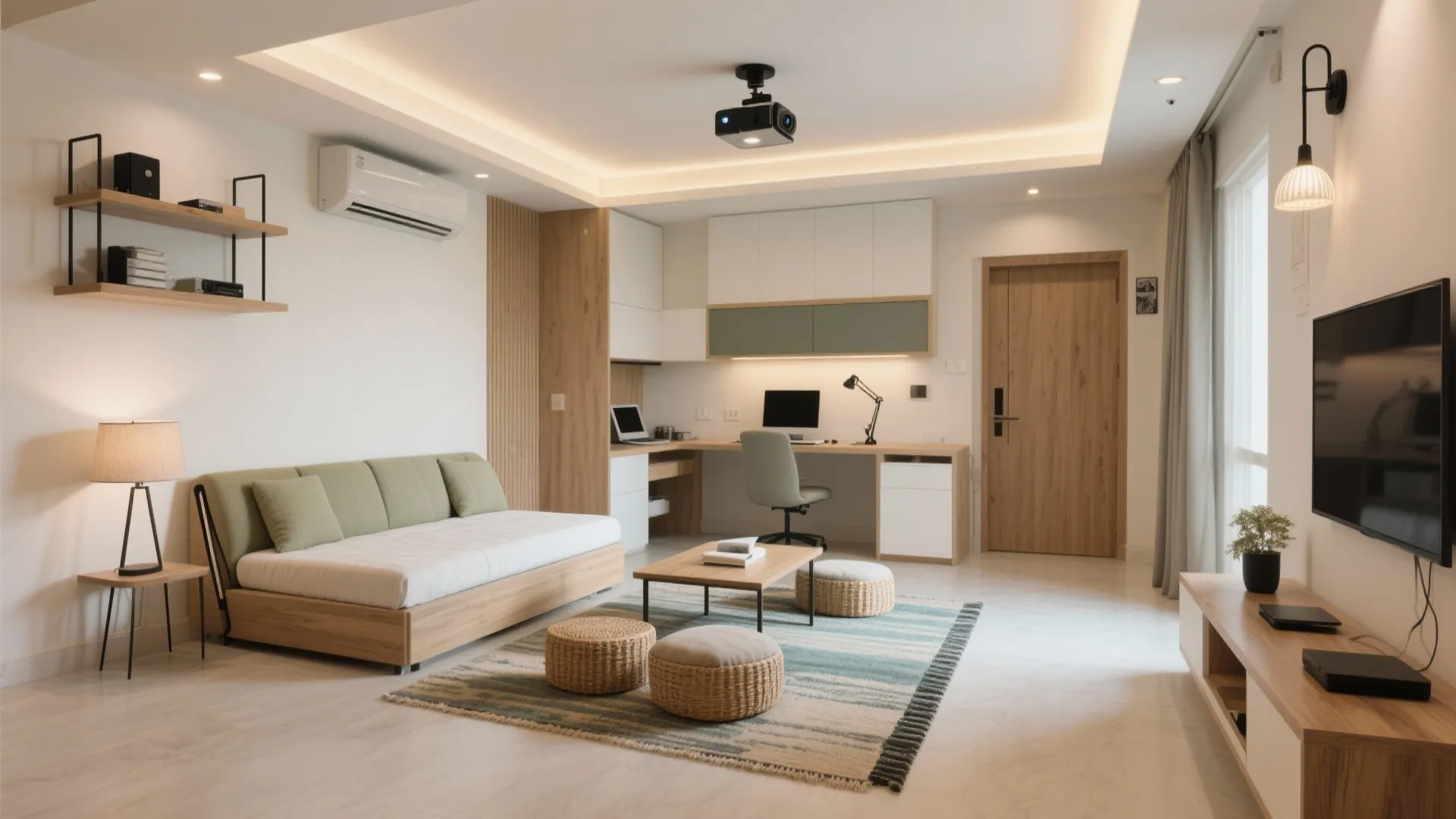 Multipurpose furniture and living-room zoning that work double-shift