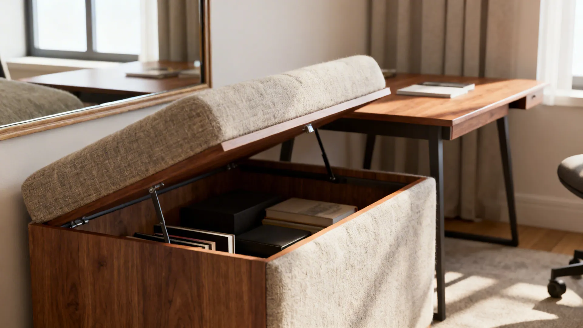 Wooden storage footrest with open lid showing books inside near a desk and wall mirror