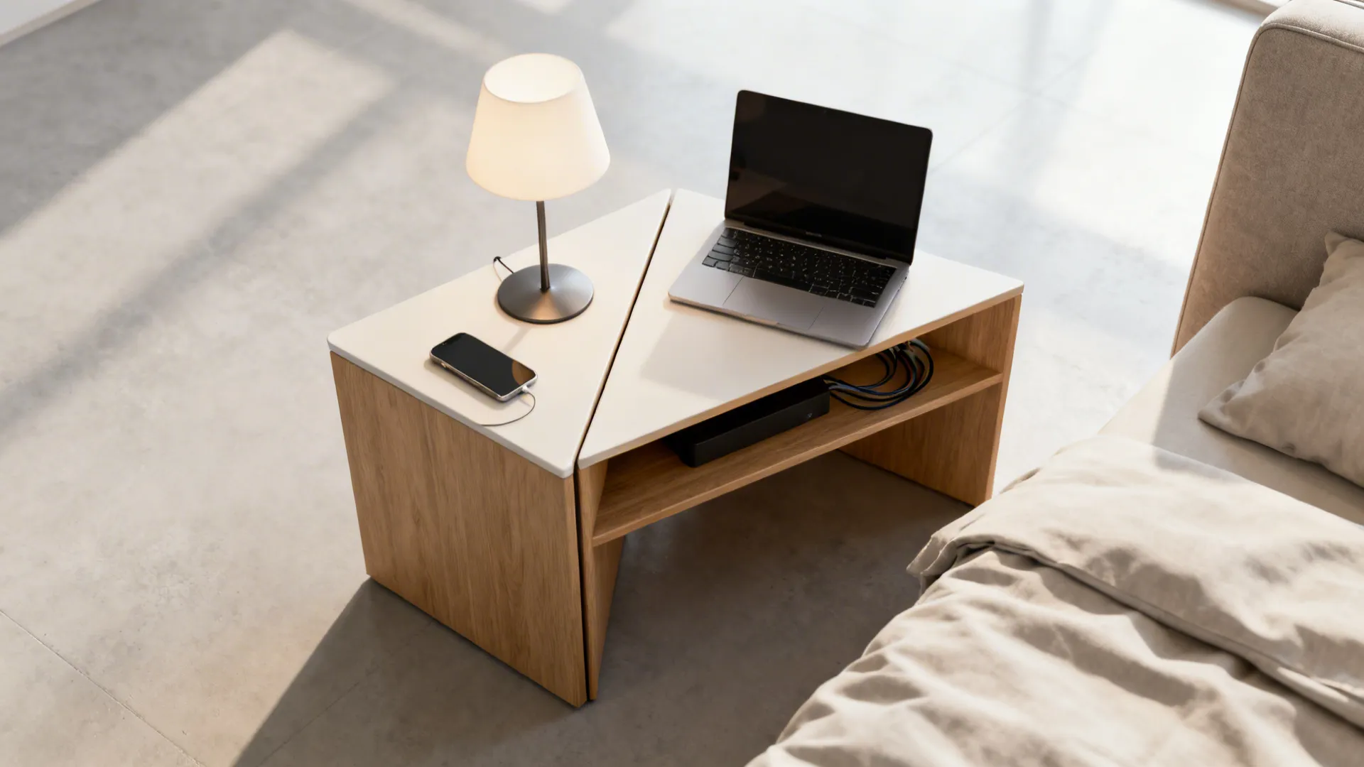 Top-down view of a triangular table serving as nightstand and laptop surface with lower shelf for cables.