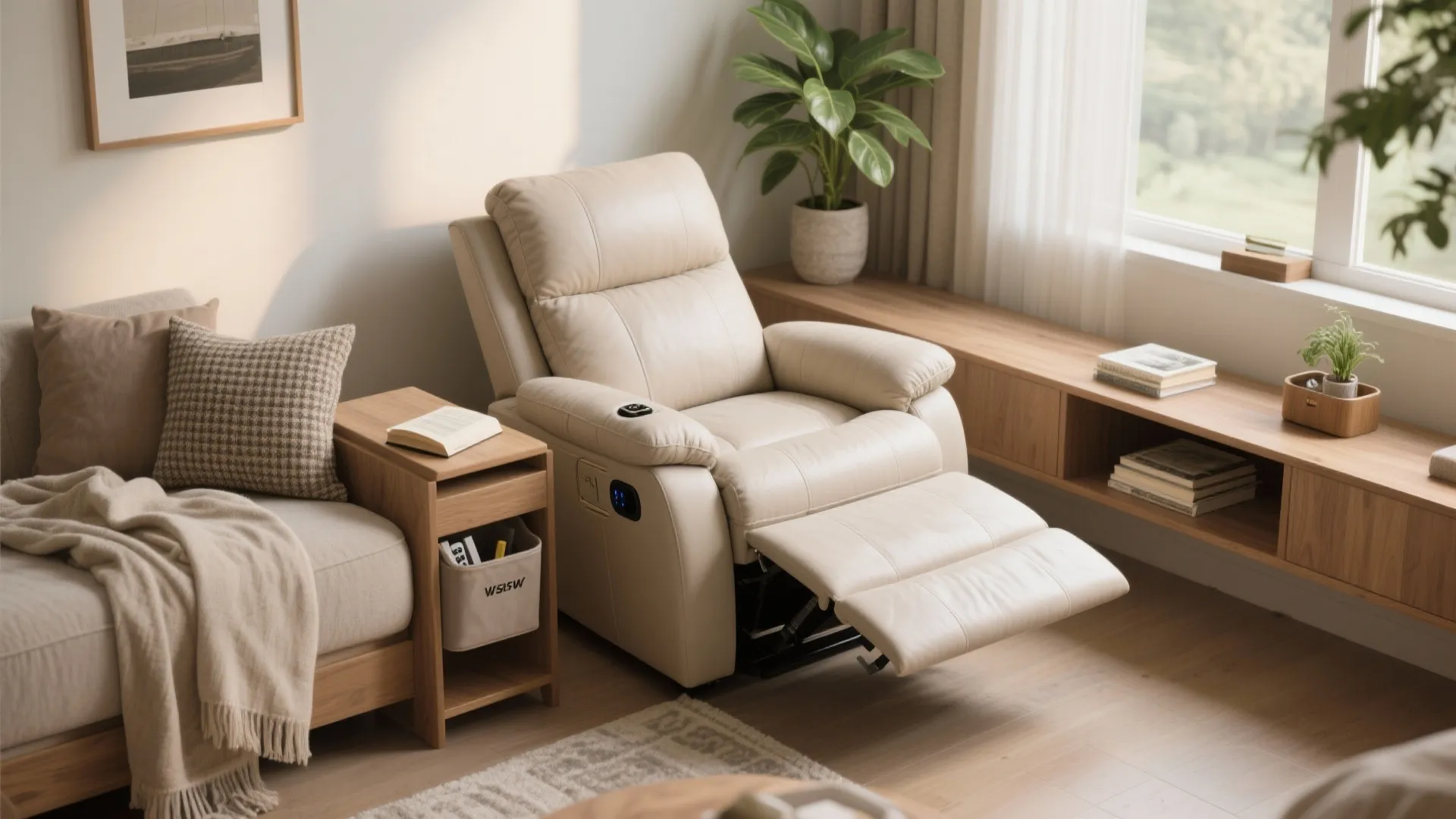 Cream leather recliner chair with footrest extended next to a wooden side table and plant