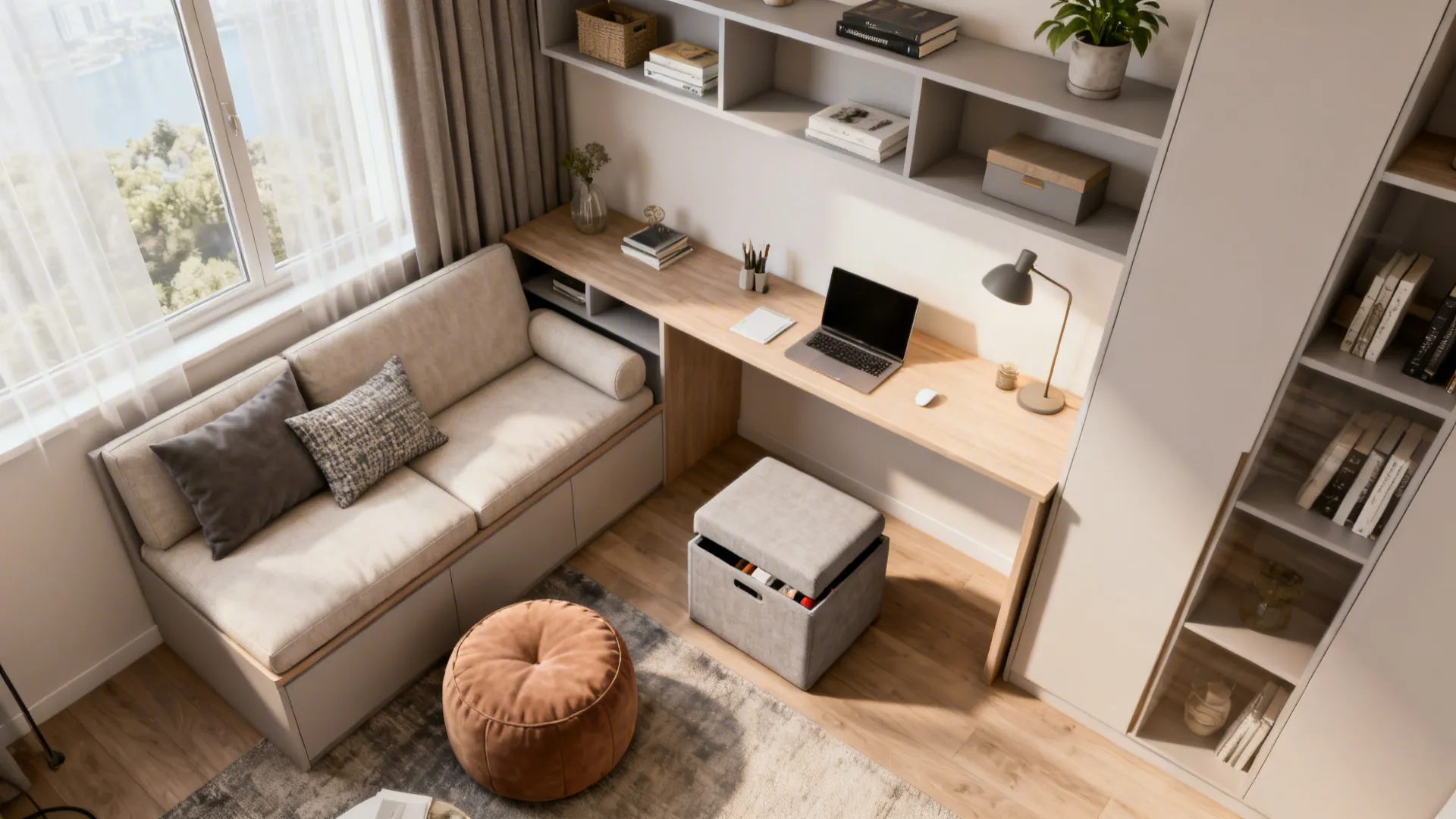 Small home office corner with wooden desk laptop sofa wall shelves and a brown footrest