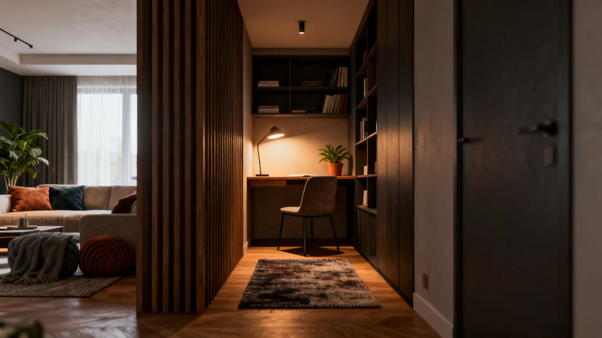 Small home office nook with desk chair lamp bookshelf and wooden wall panel room divider