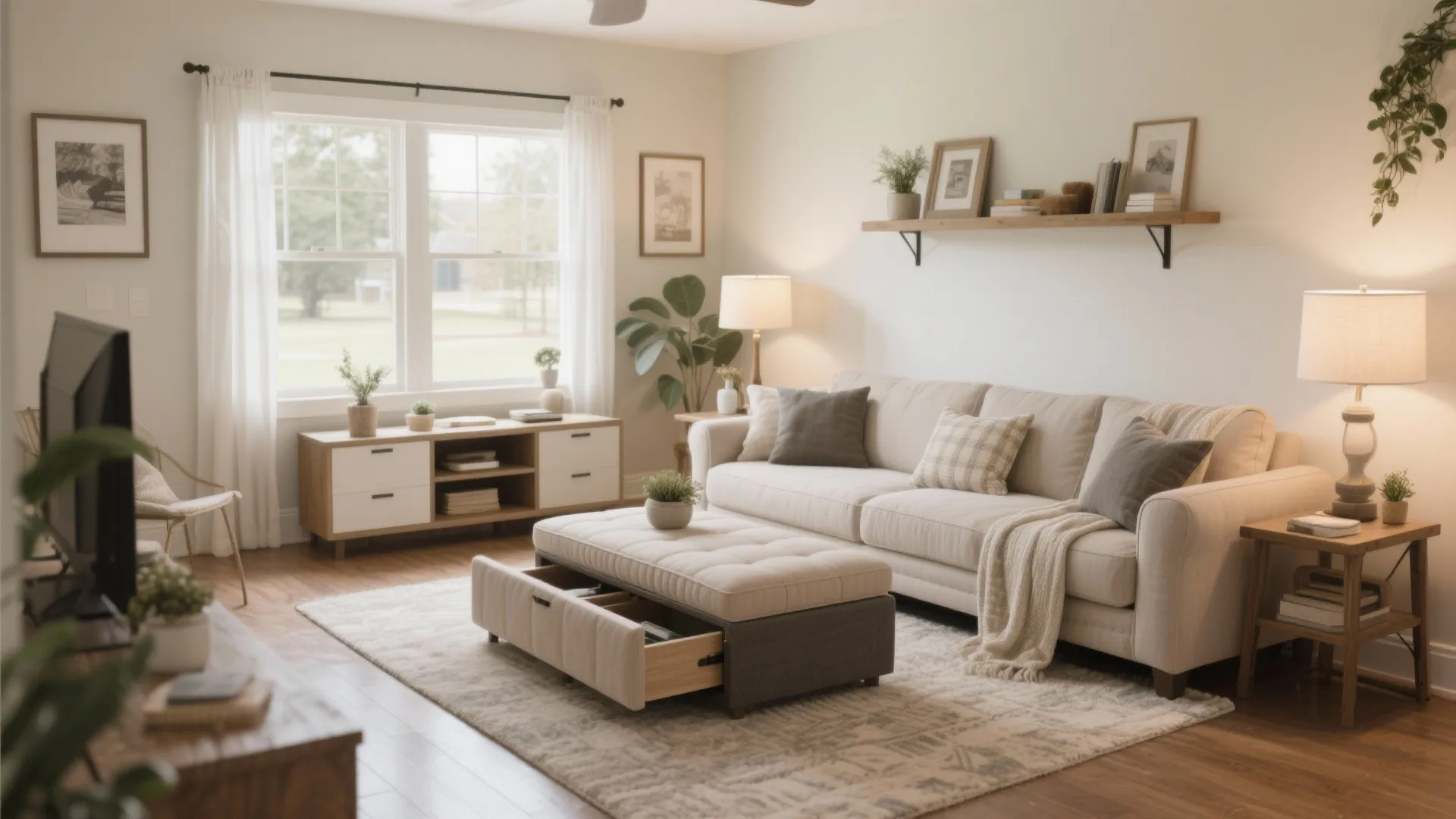 Living room featuring a beige sofa and a footrest with a storage drawer for organizing items