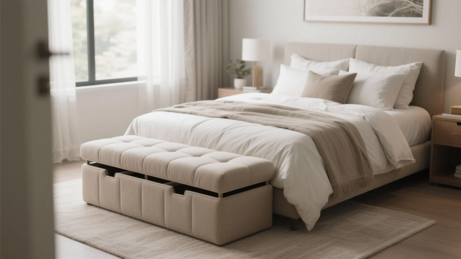 Modern cream bedroom featuring a large bed and a functional storage footrest with open lid