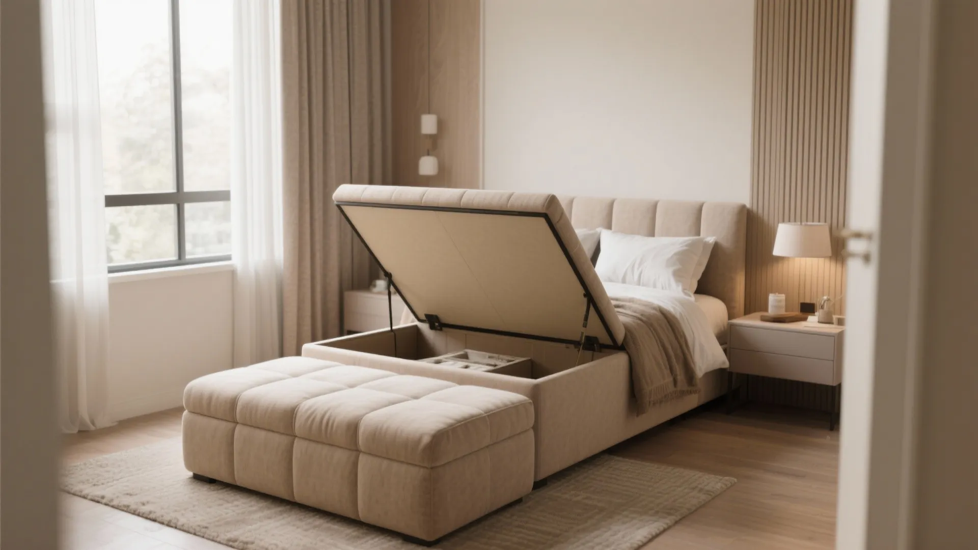 Modern cream bed with lift-up storage base and a matching square footrest in a bedroom