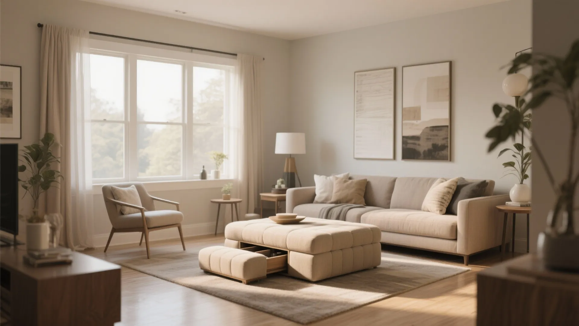 Beige living room featuring a sofa, armchair, wall art, and large footrest with a drawer
